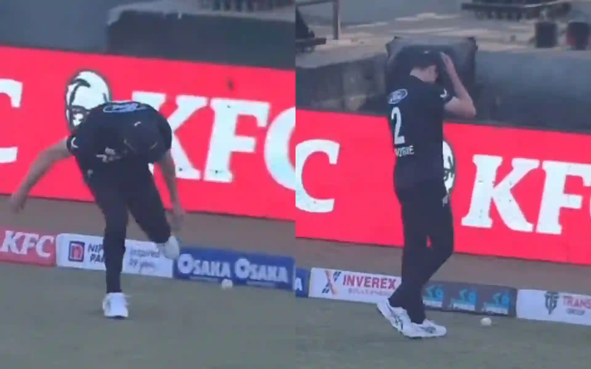 William O'Rourke slips a ball while fielding [Source: @kuchbhi12341416/X.com]