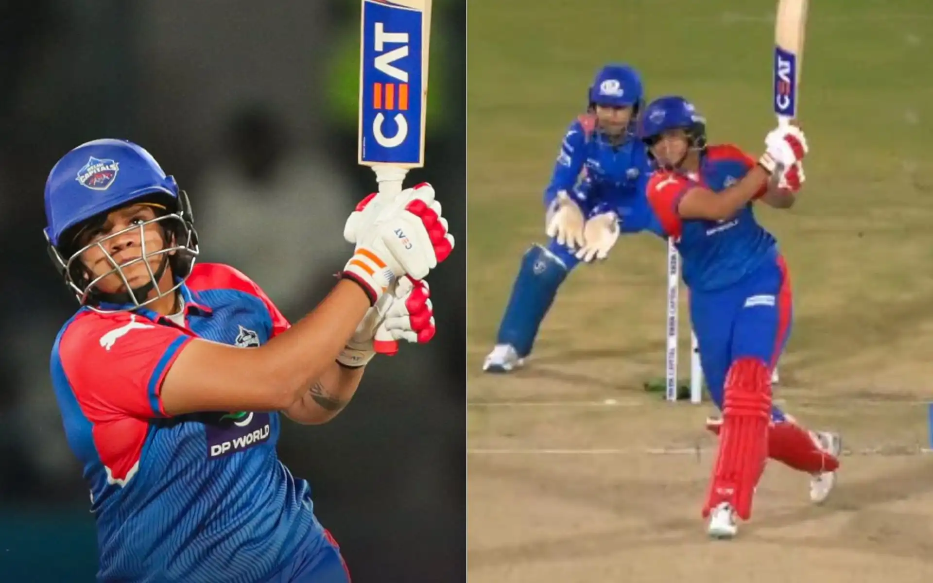 Shafali Verma in action against Mumbai Indians [Source: @DelhiCapitals, @wplt20/x]