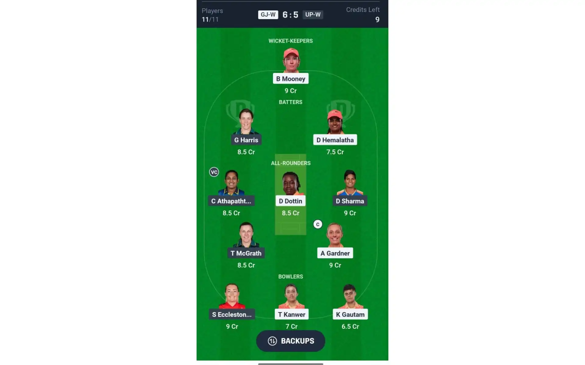 GJ-W vs UP-W, WPL Match 3: Dream11 Team 1 [Source: @Dream11 App]