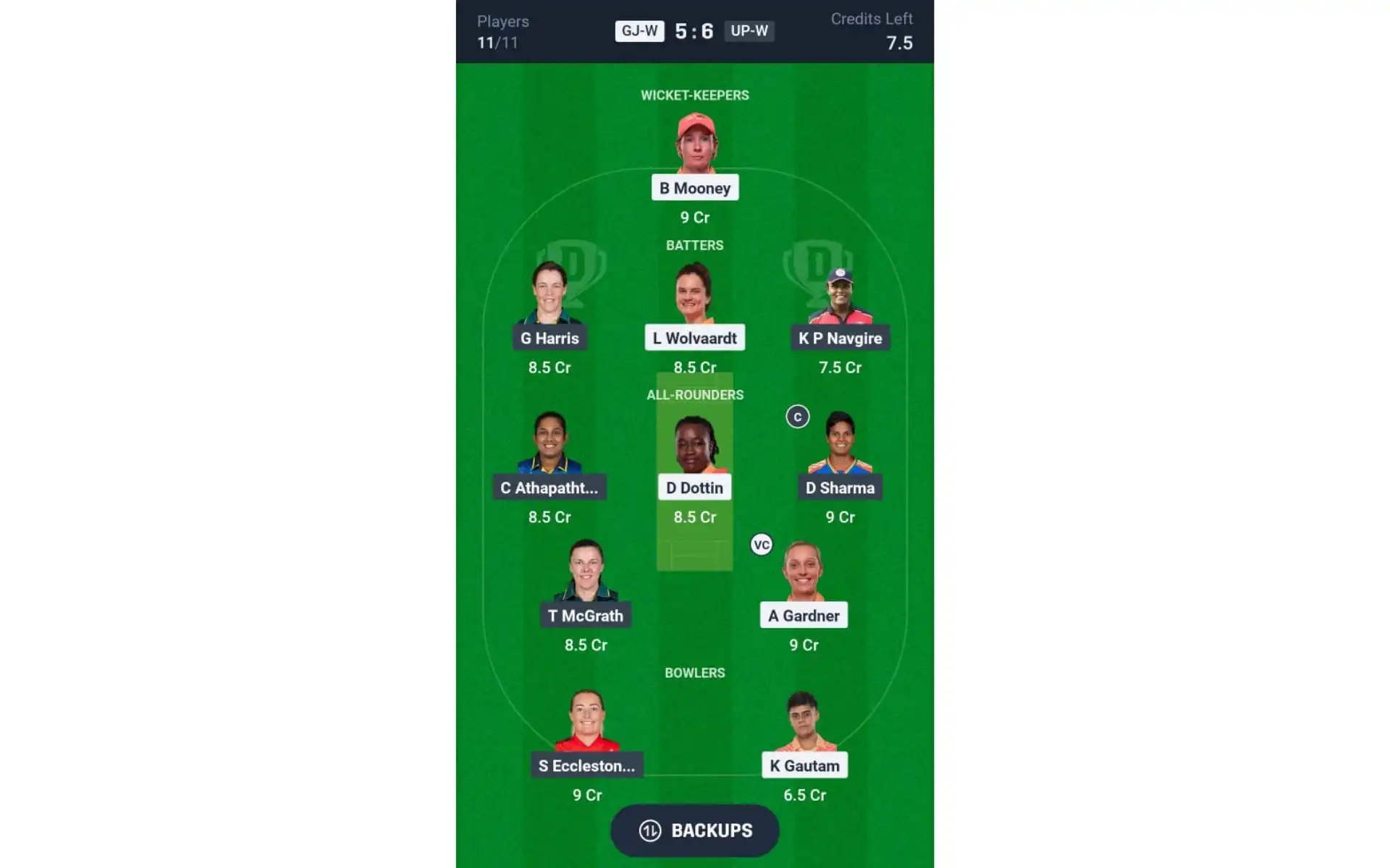 GJ-W vs UP-W, WPL Match 3: Dream11 Team 2 [Source: @Dream11 App]