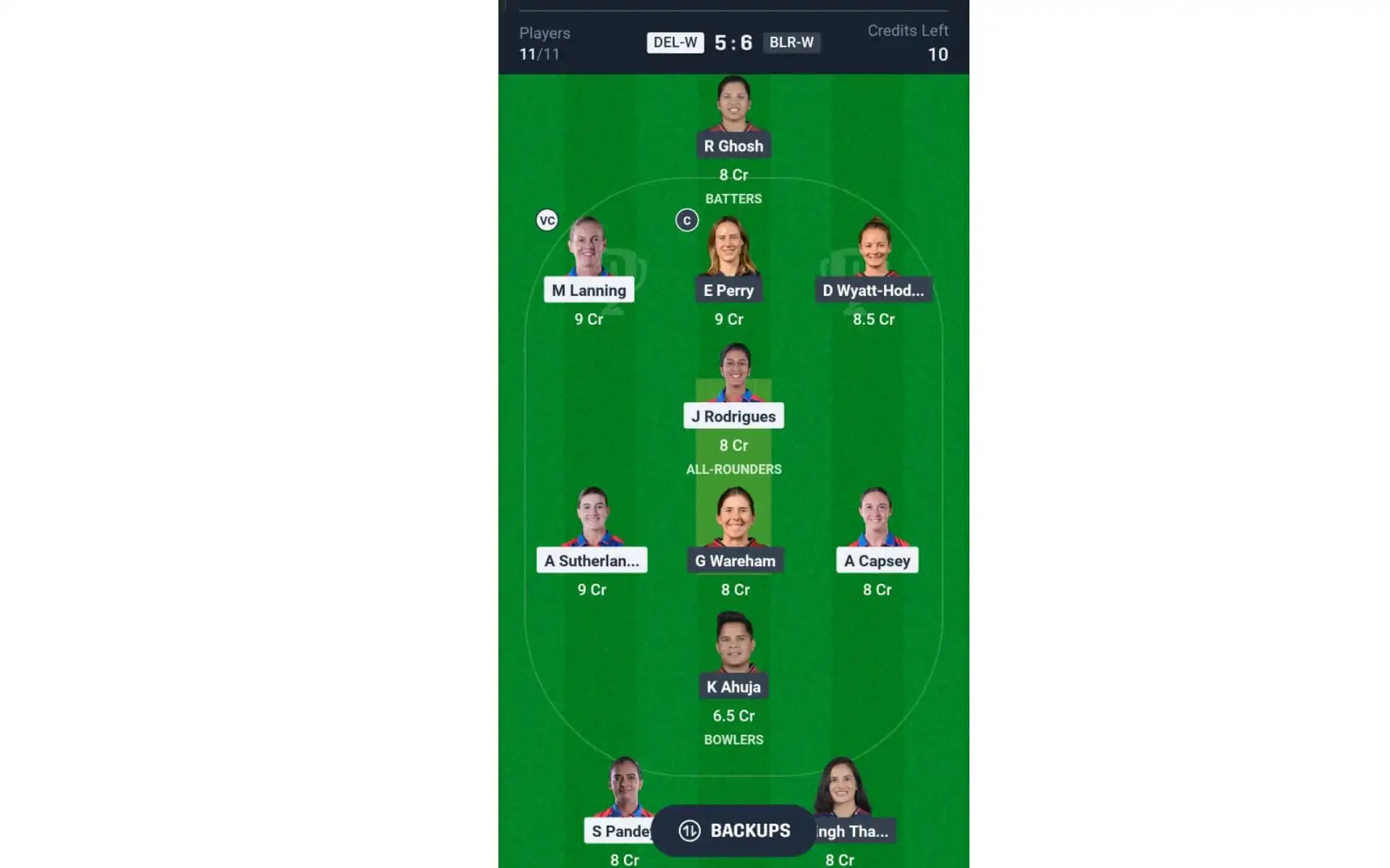 DEL-W vs BLR-W, WPL: Dream11 Team 1 [Source: @Dream11 App]