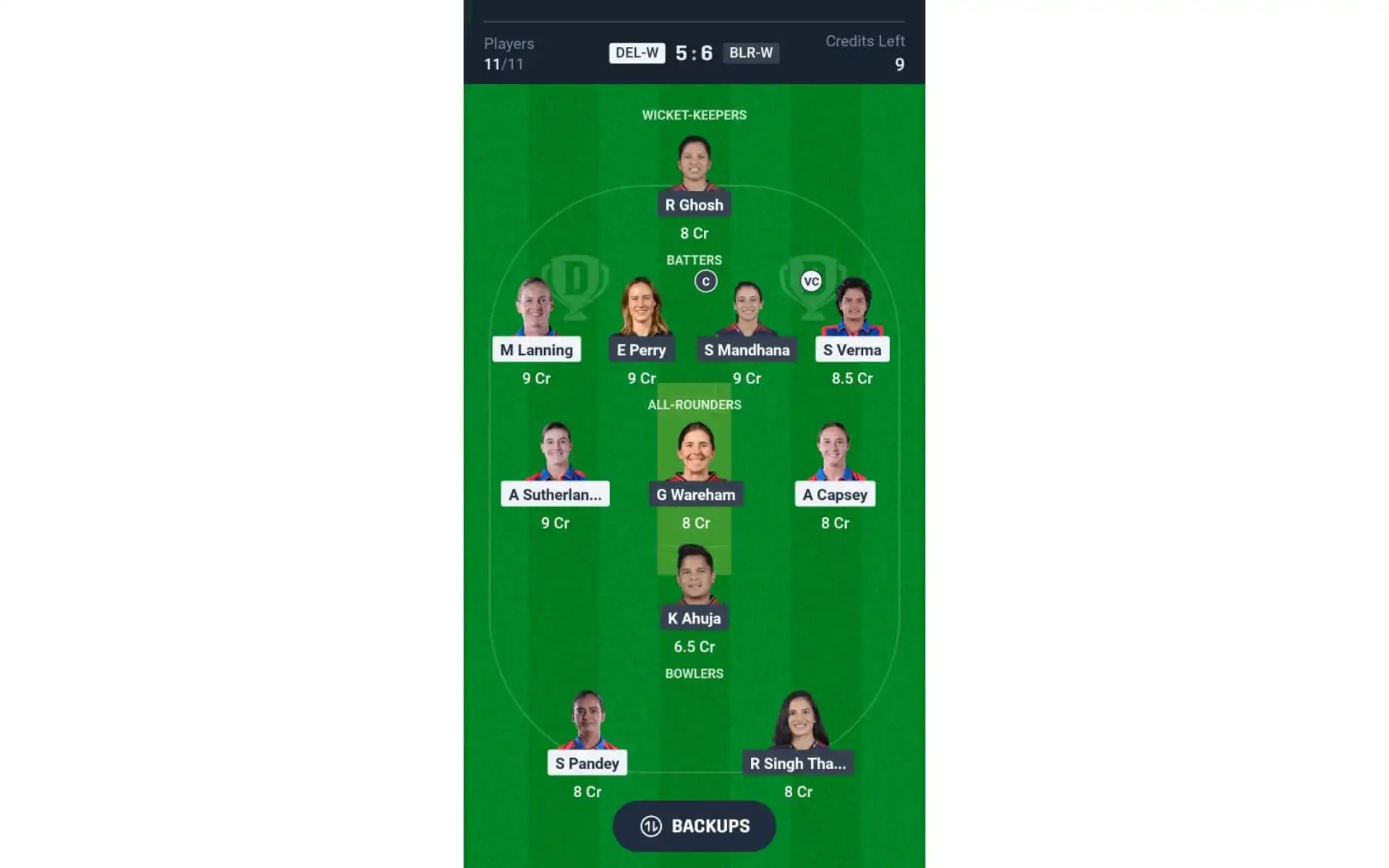 DEL-W vs BLR-W, WPL: Dream11 Team 2 [Source: @Dream11 App]