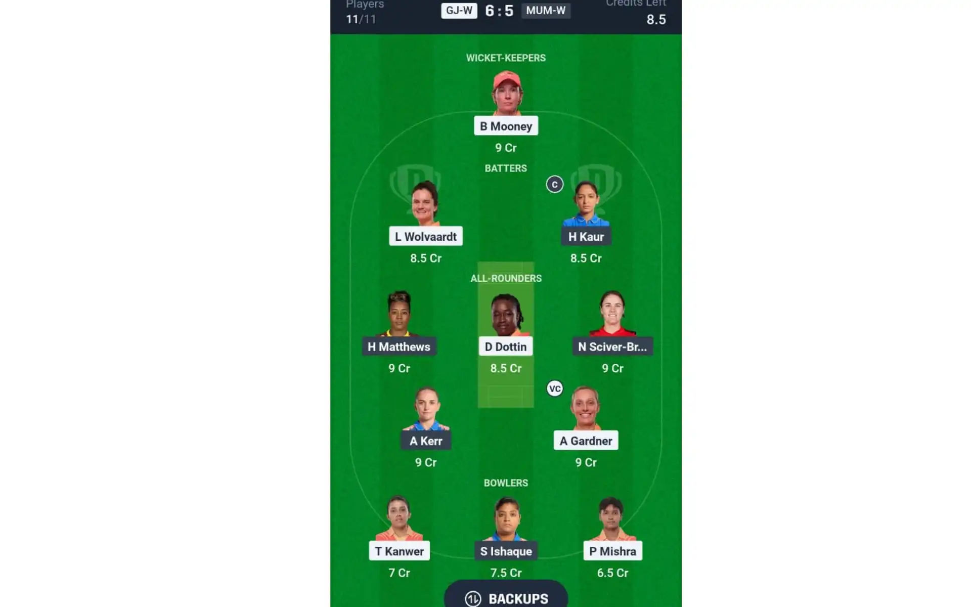 GJ-W vs MUM-W, Match 5: Dream11 Team 1 [Source: @Dream11 App]