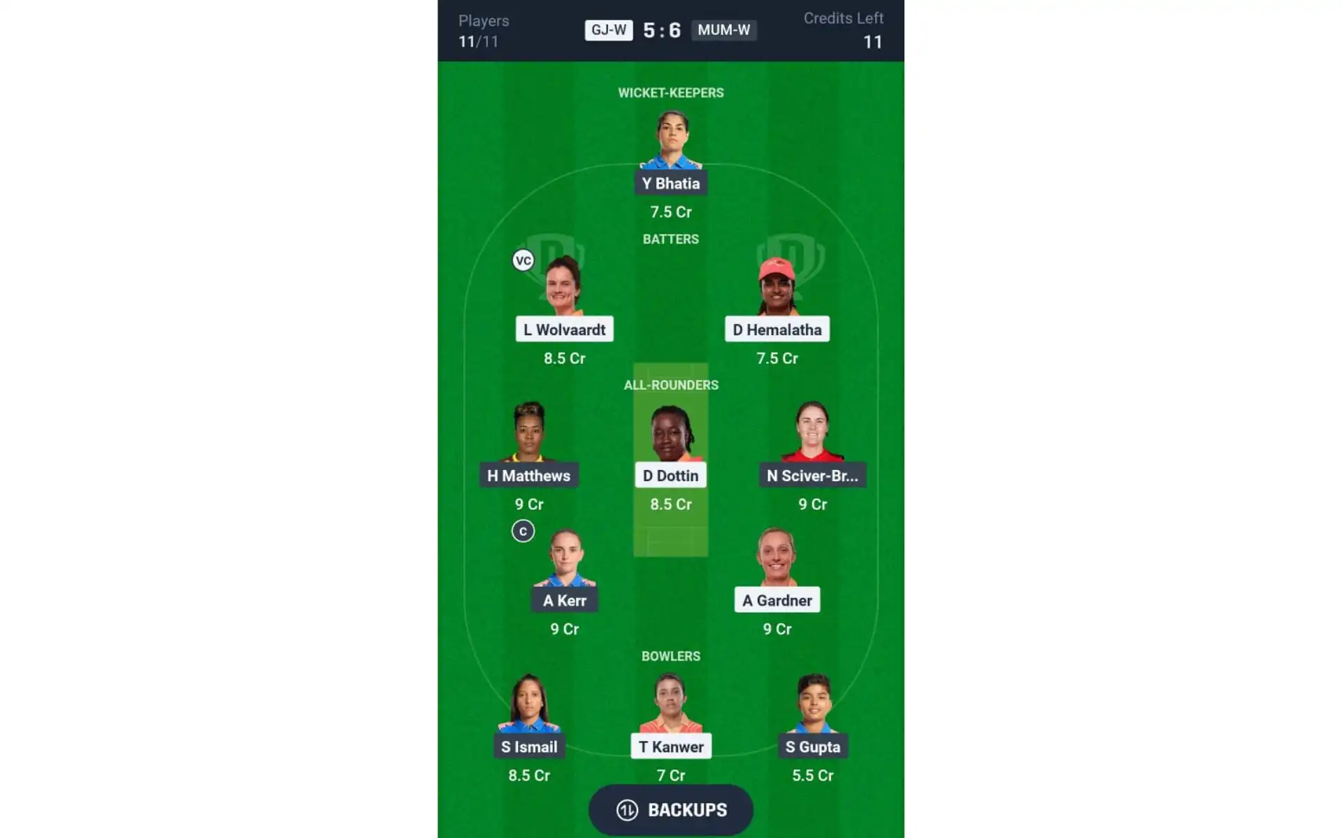 GJ-W vs MUM-W, Match 5: Dream11 Team 2 [Source: @Dream11 App]