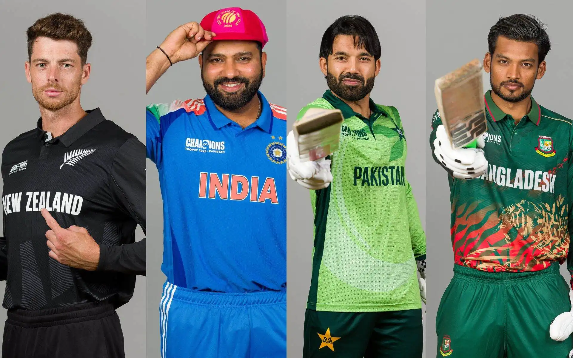 Mitchell Santner, Rohit Sharma, Mohammad Rizwan and Najmul Hossain Shanto [Source: @ICC/x.com]