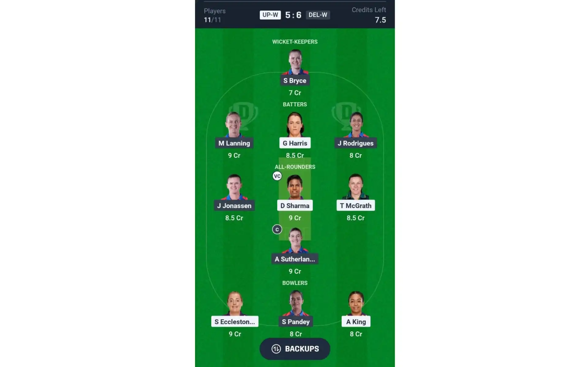 UP-W vs DEL-W, WPL: Dream11 Team 1 [Source: @Dream11 App]