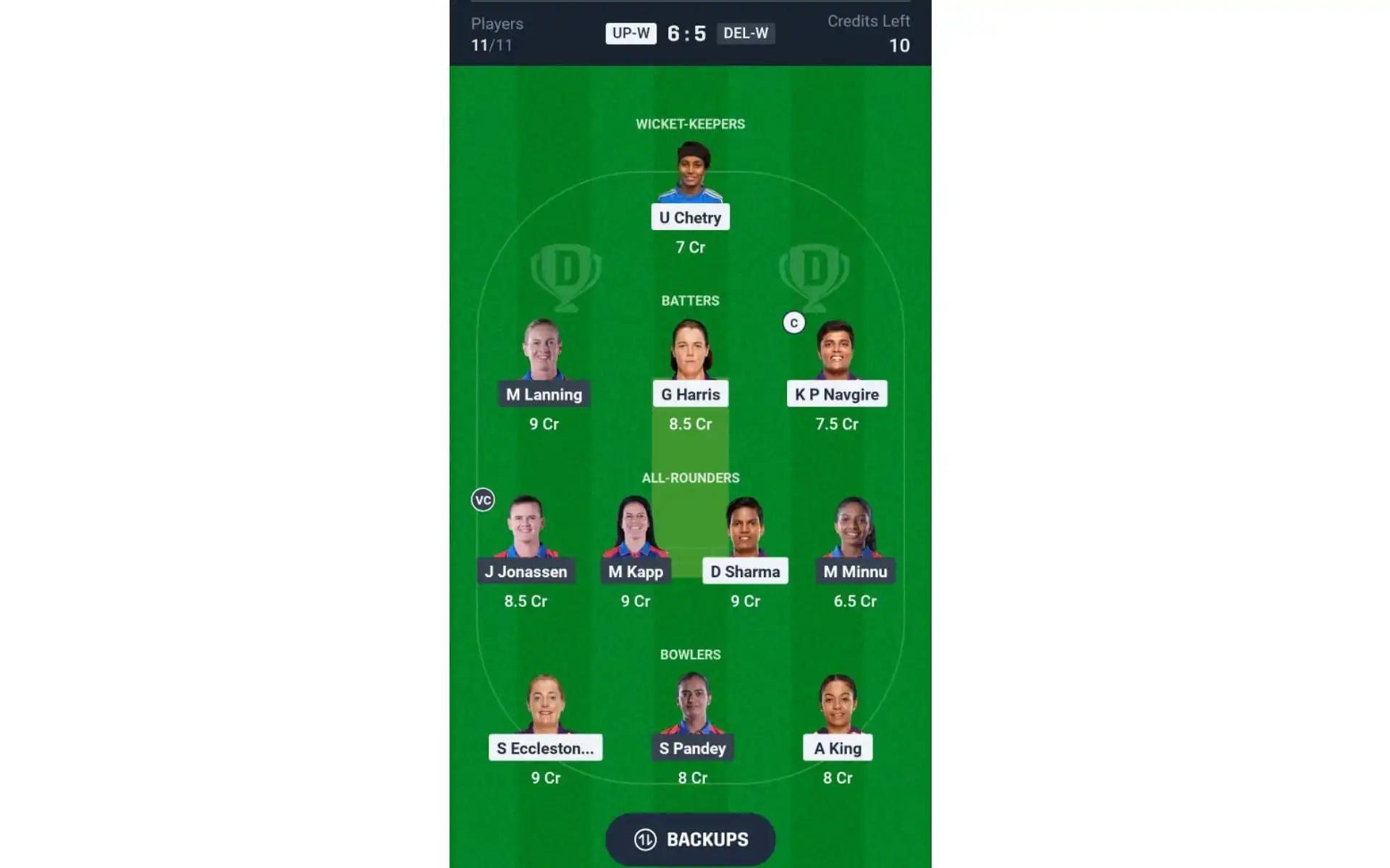 UP-W vs DEL-W, WPL: Dream11 Team 2 [Source: @Dream11 App]