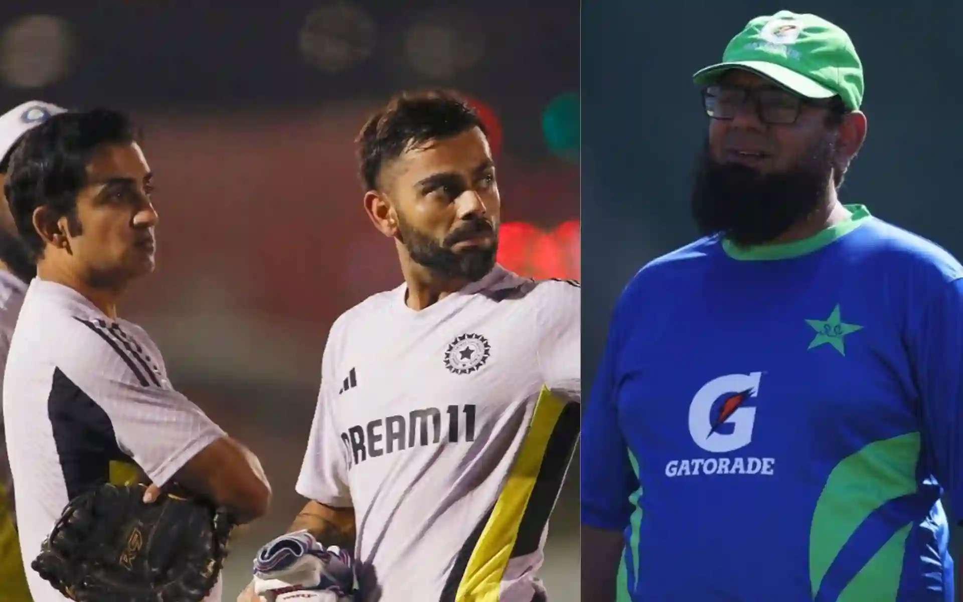 Gambhir, Kohli and Saqlain Mushtaq (Source: @ImTanujSingh/X.com, @_FaridKhan/X.com)