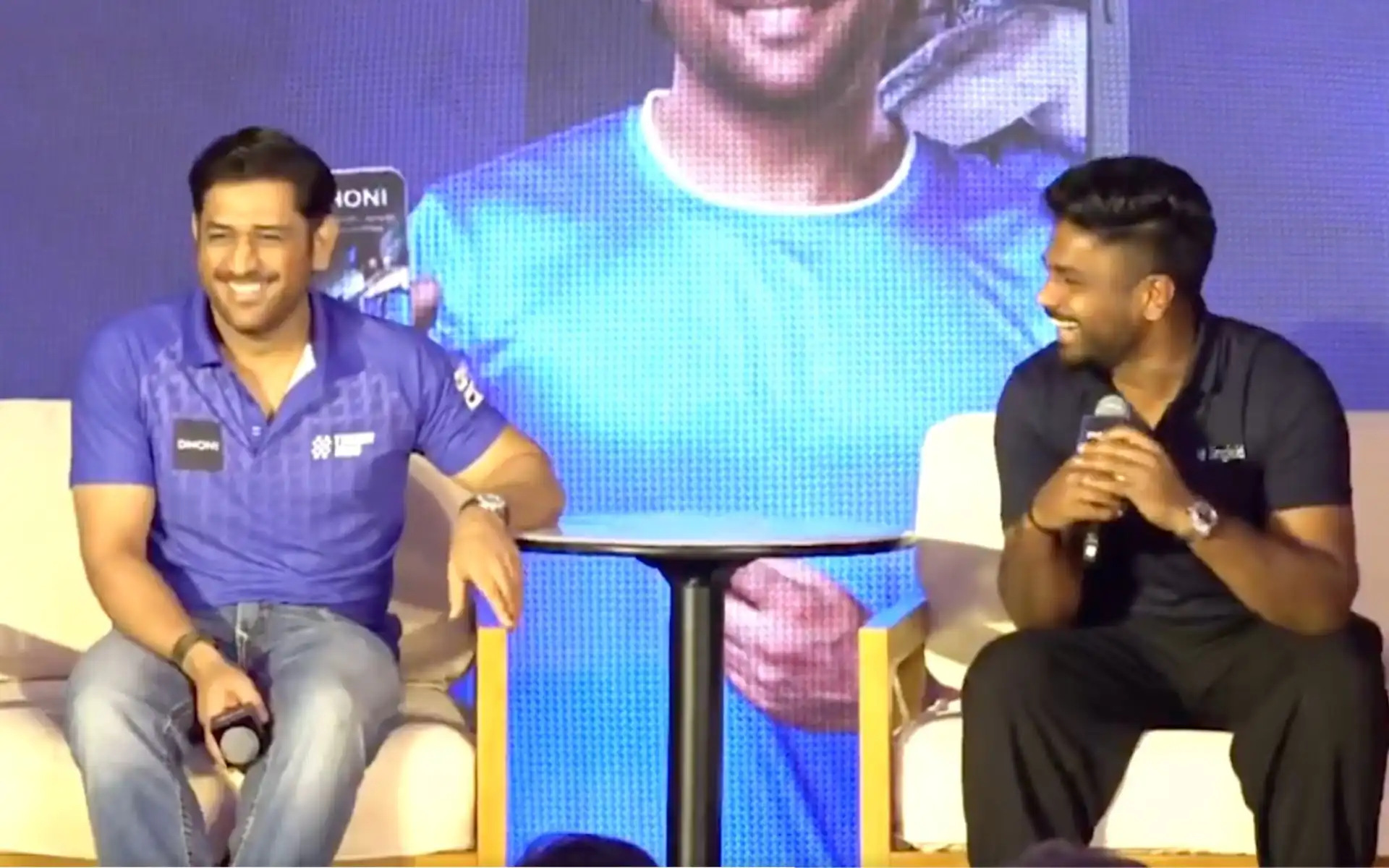 MS Dhoni with Sanju Samson at a brand event [Source: @PTI_News/X.com]