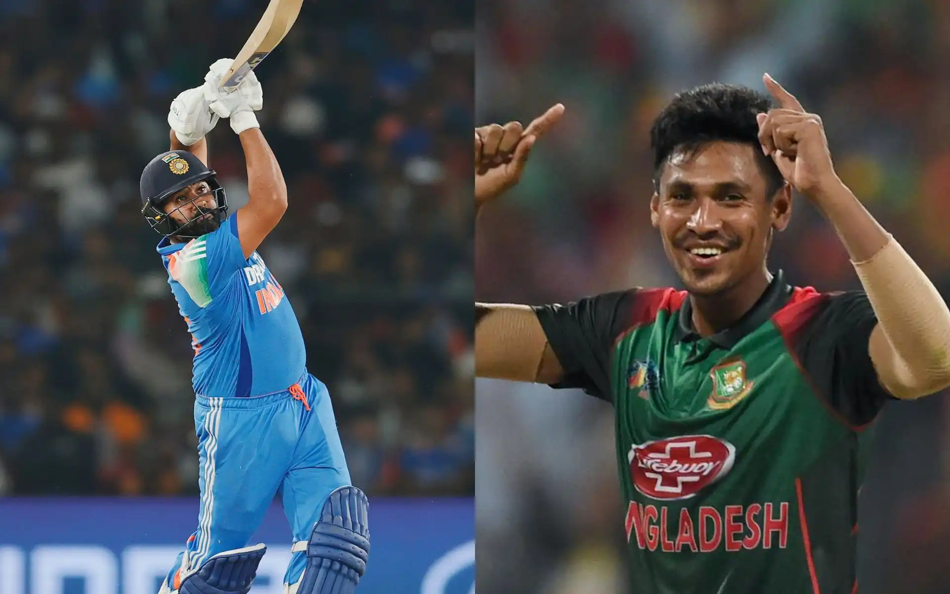 Rohit Sharma and Mustafizur Rahman [Source: @Cricobserver21, @ICC/x.com]