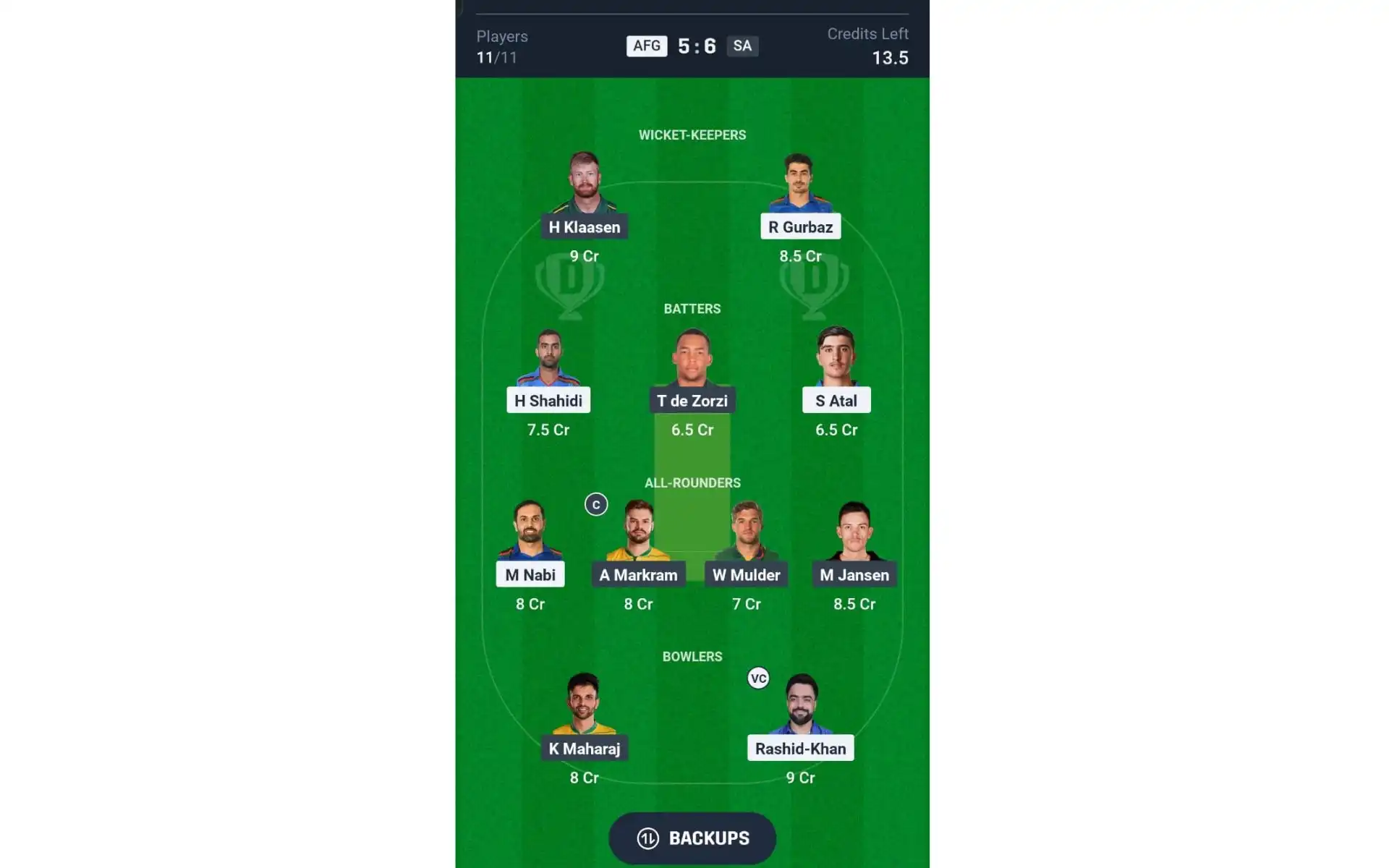 SA vs AFG, Champions Trophy: Dream11 Team 2 [Source: @Dream11 App]