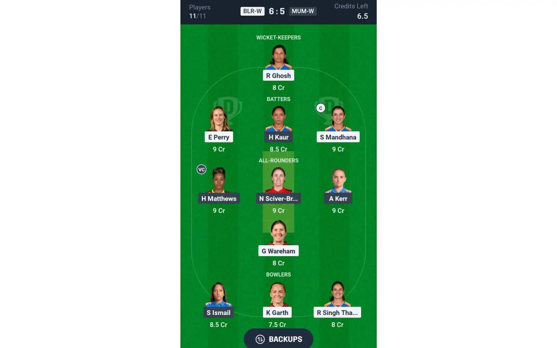 BLR-W vs MUM-W, WPL 2025: Dream11 Team 1 [Source: @ Dream11 App]