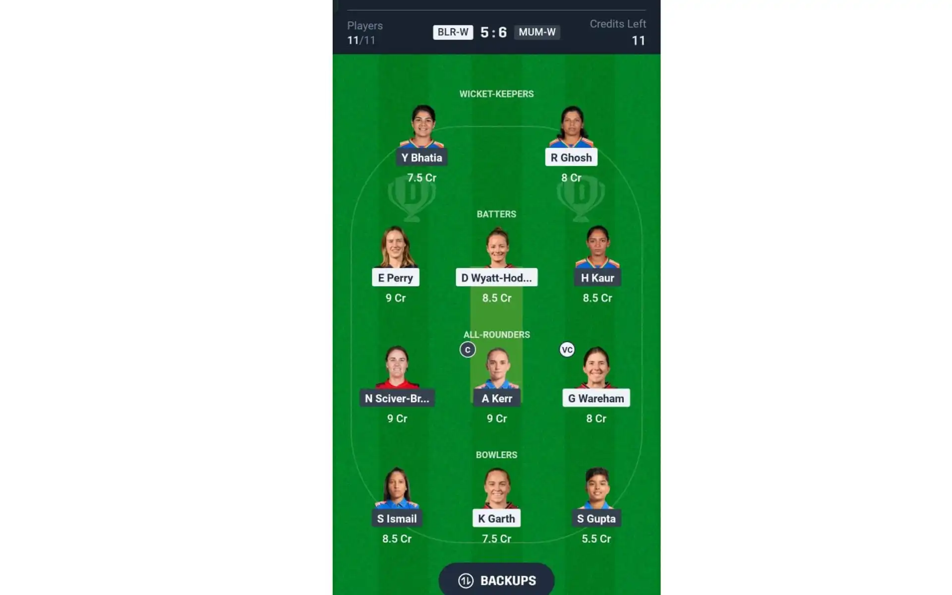 BLR-W vs MUM-W, WPL 2025: Dream11 Team 1 [Source: @ Dream11 App]