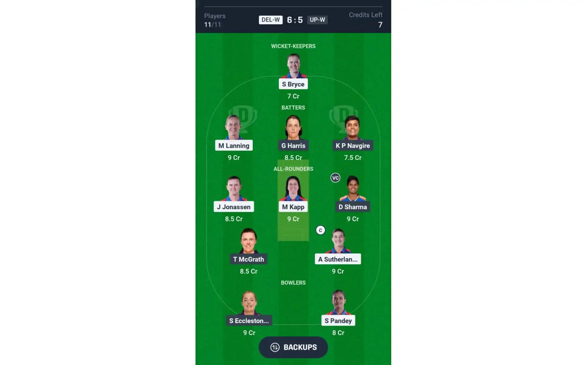 DEL-W vs UP-W, WPL 2025: Dream11 Team 1 [Source: @Dream11 App]