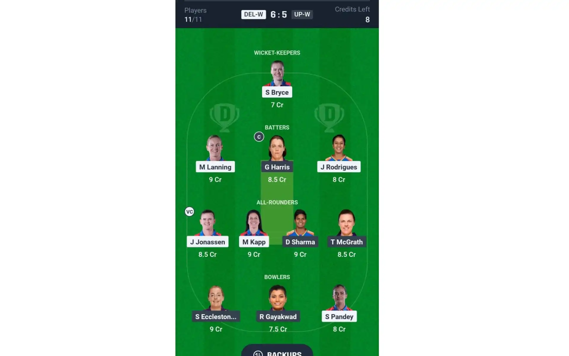 DEL-W vs UP-W, WPL 2025: Dream11 Team 2 [Source: @Dream11 App]