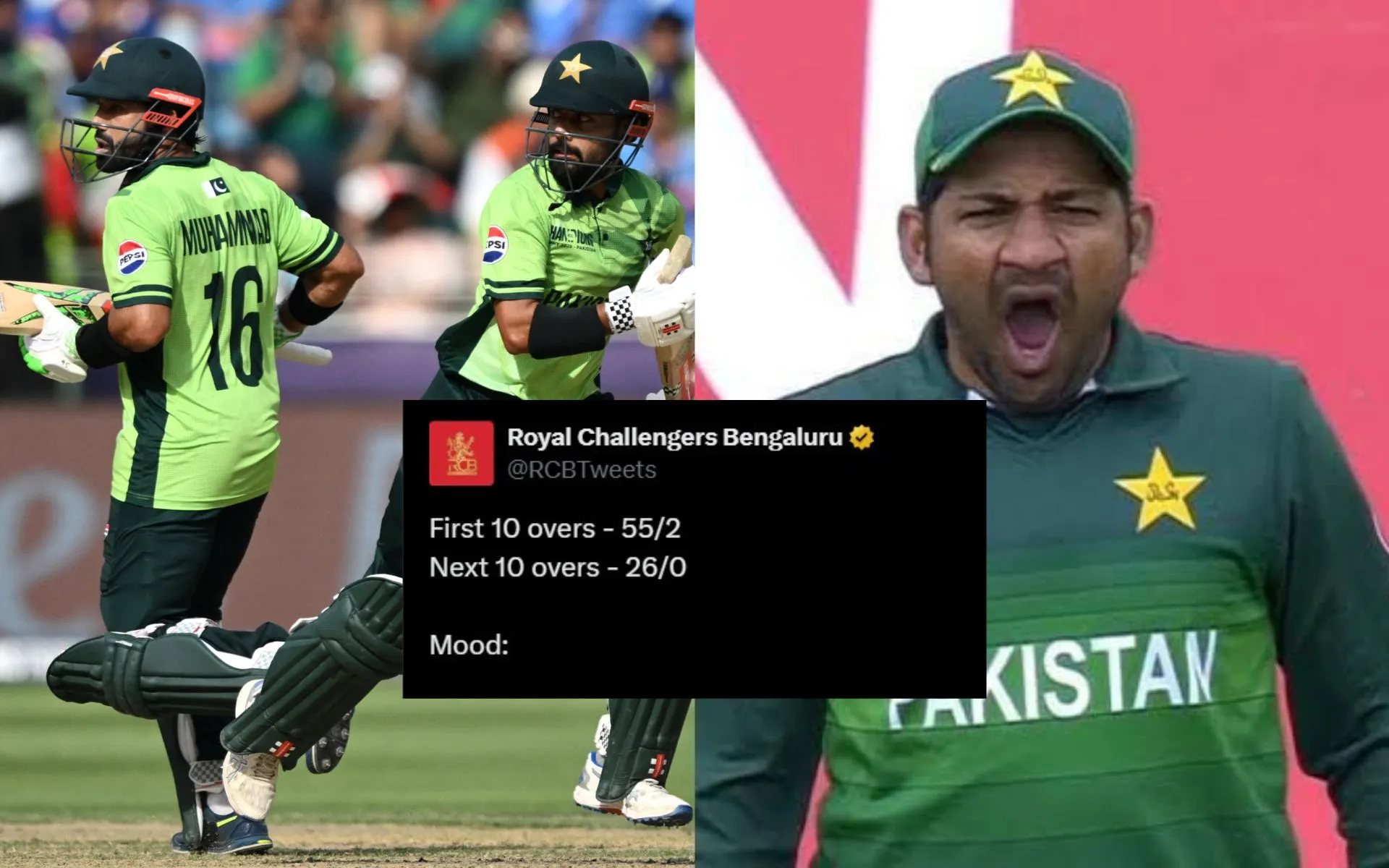 Pakistan batters and Sarfaraz Ahmed [Source: @TheRealPCB, @RCBTweets/x]