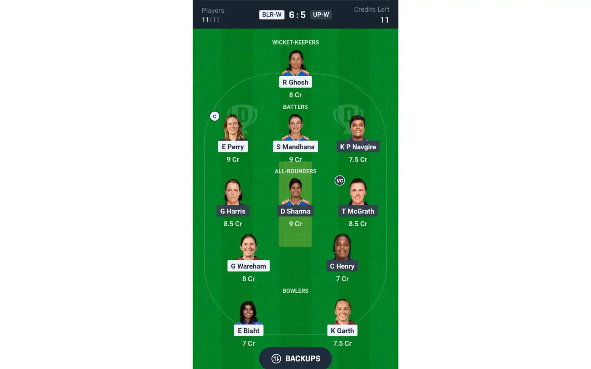 BLR-W vs UP-W, WPL 2025: Dream11 Team 1 [Source: @Dream11 App]