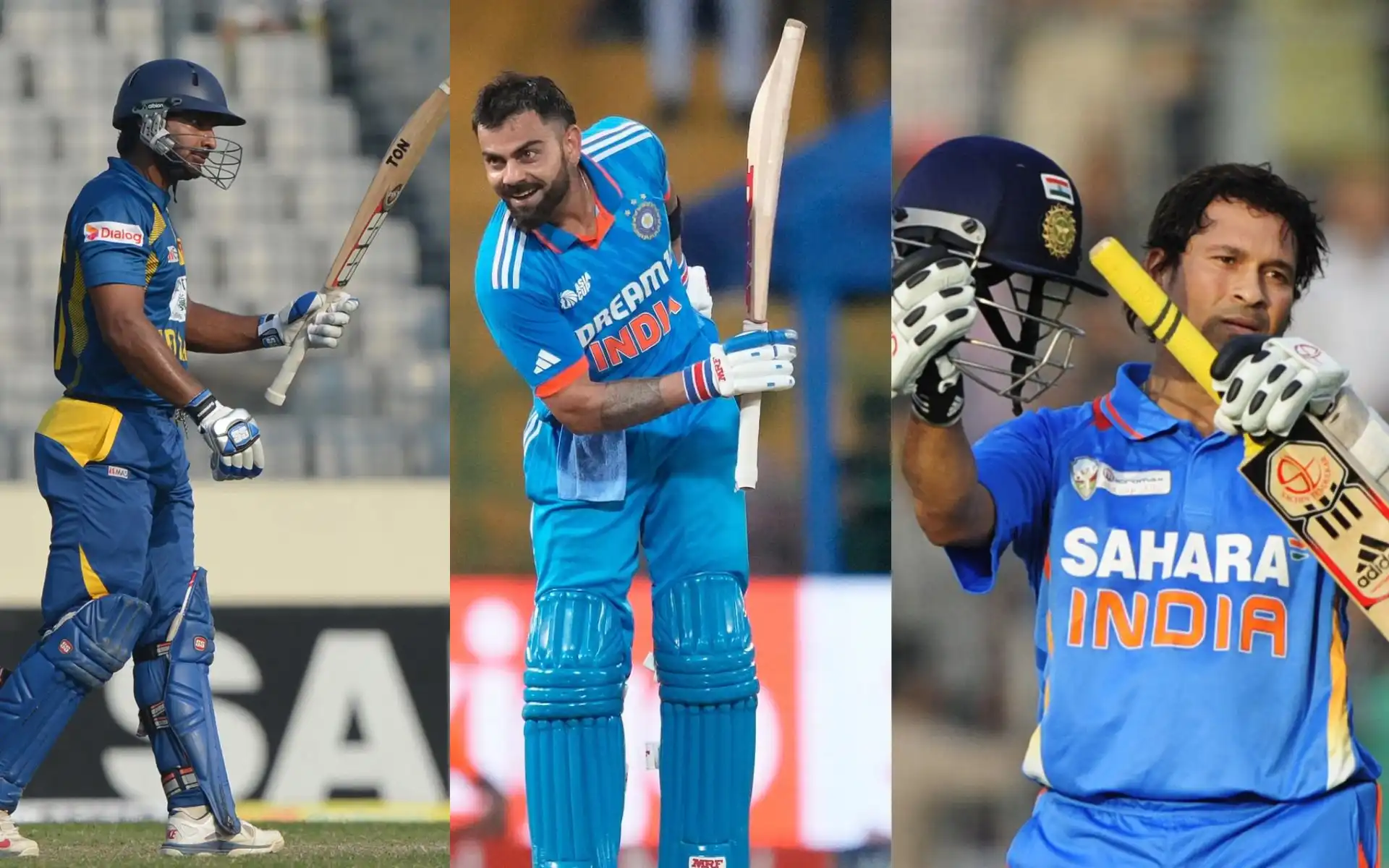 Virat Kohli, Sachin Tendulkar and Sangakkara (Source: @ICC/X.com)