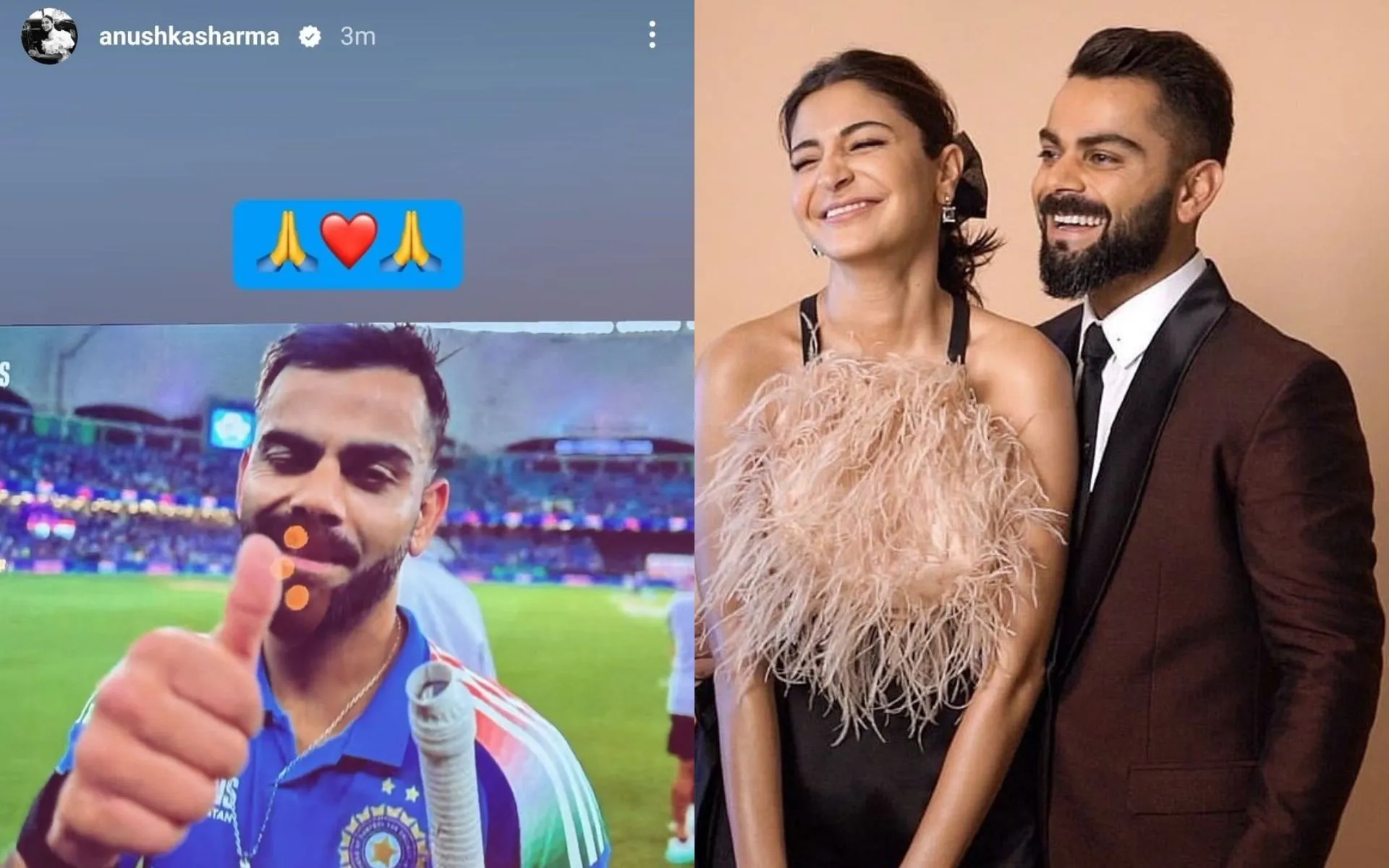 Anushka's Instagram story and Anushka Sharma with Virat Kohli [Source: @filmfare/X.com]