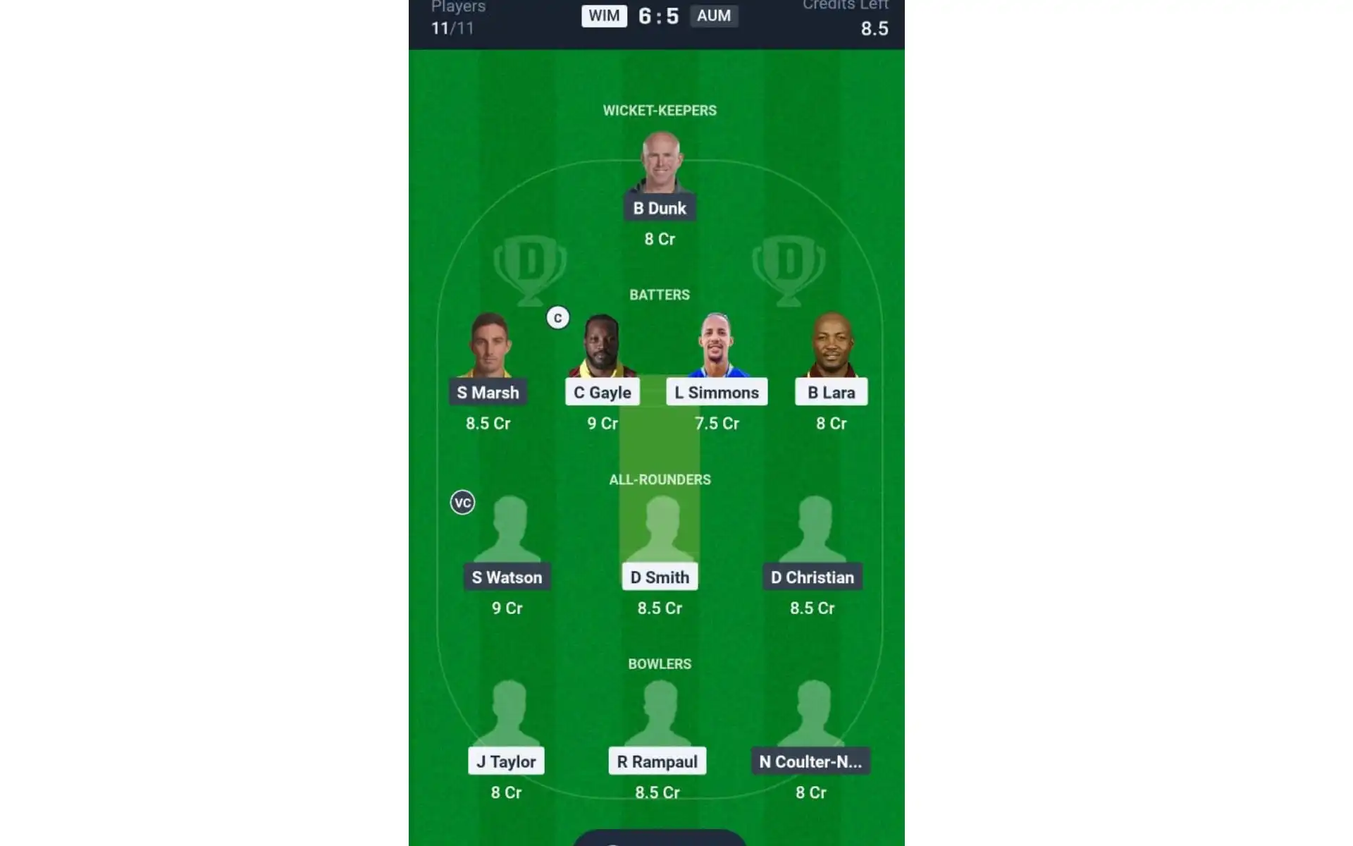 WIM vs AUM, IML 2025: Dream11 Team 1 [Source: @Dream11 App]