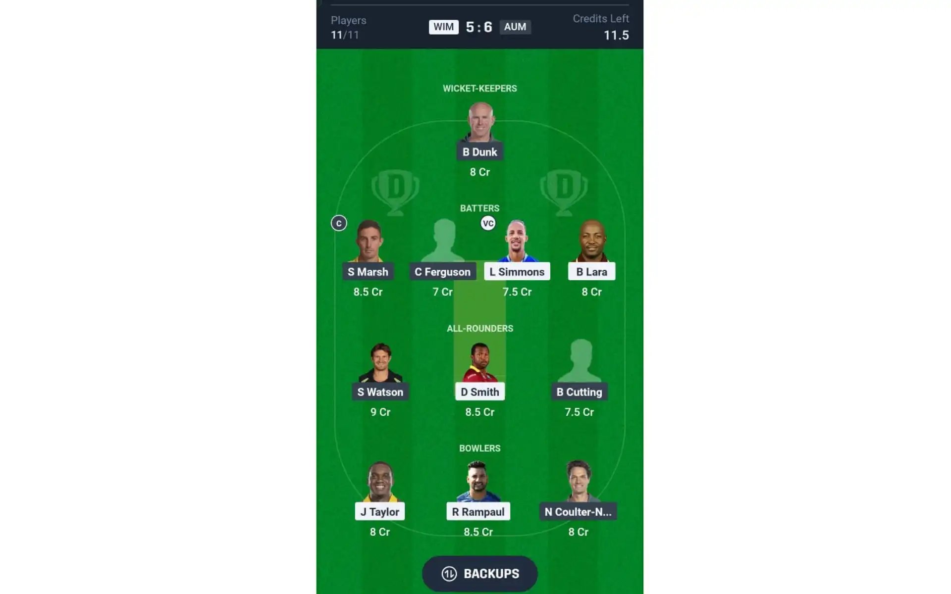 WIM vs AUM, IML 2025: Dream11 Team 2 [Source: @Dream11 App]