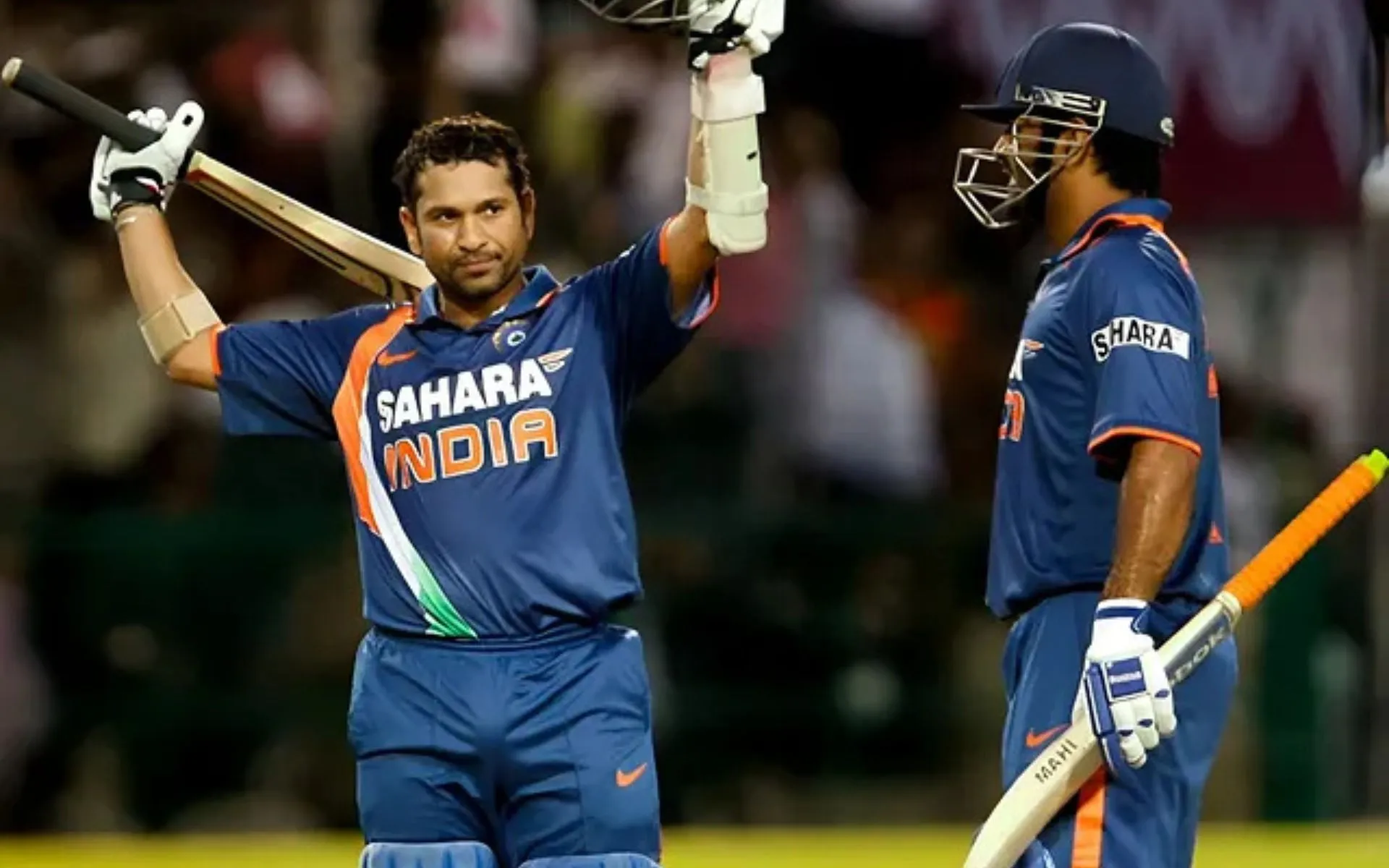 Sachin Tendulkar celebrating his ODI double century with MS Dhoni [Source: telugumsdians/Instagram]