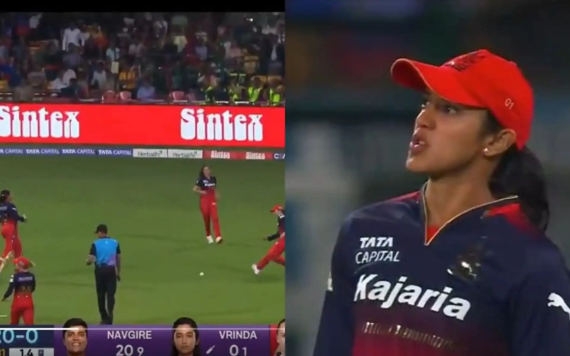 RCB captain Smriti Mandhana looks on in disbelief [Source: @kuchbhi12341416/x]