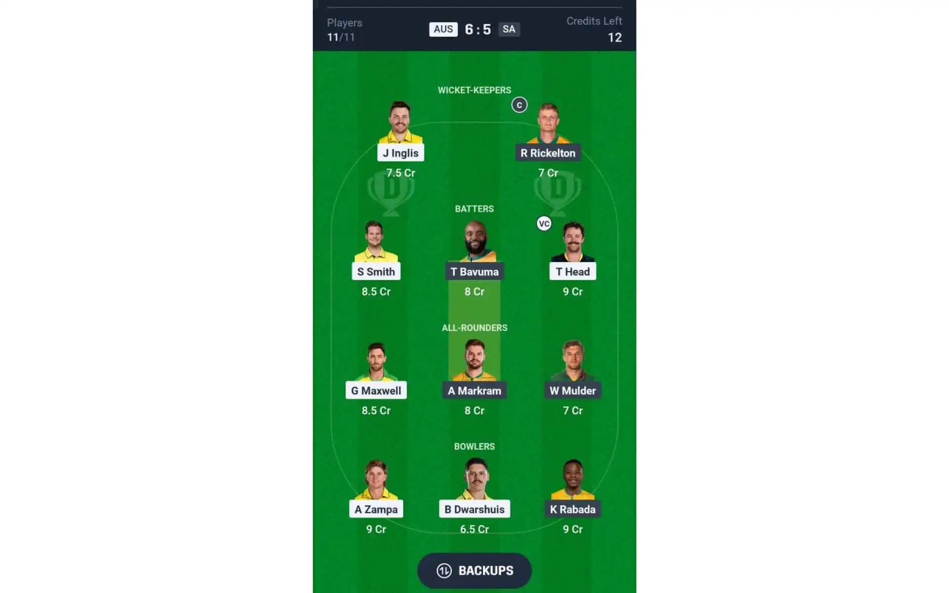AUS vs SA, Champions Trophy: Dream11 Team 1 [Source: @Dream11 App]