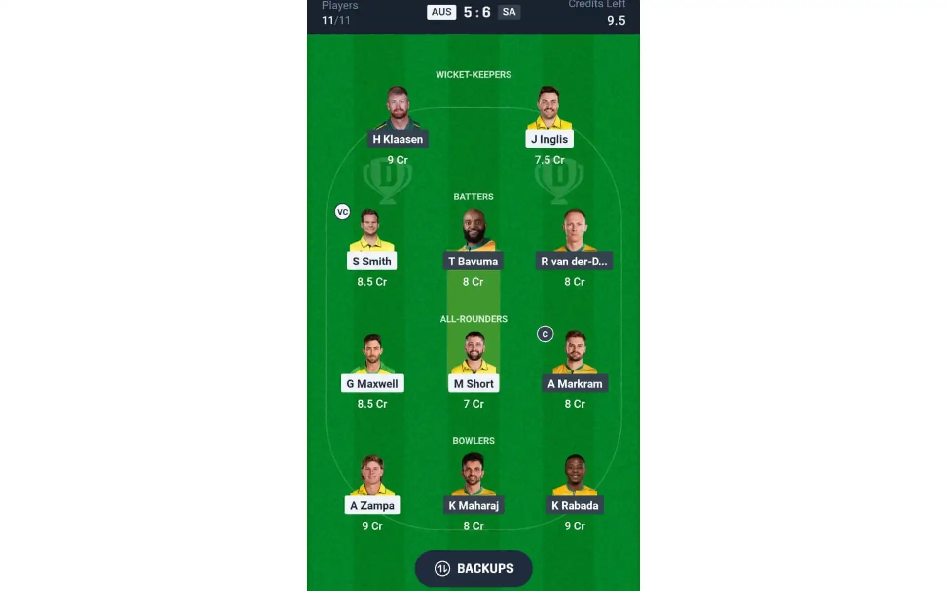 AUS vs SA, Champions Trophy: Dream11 Team 2 [Source: @Dream11 App]