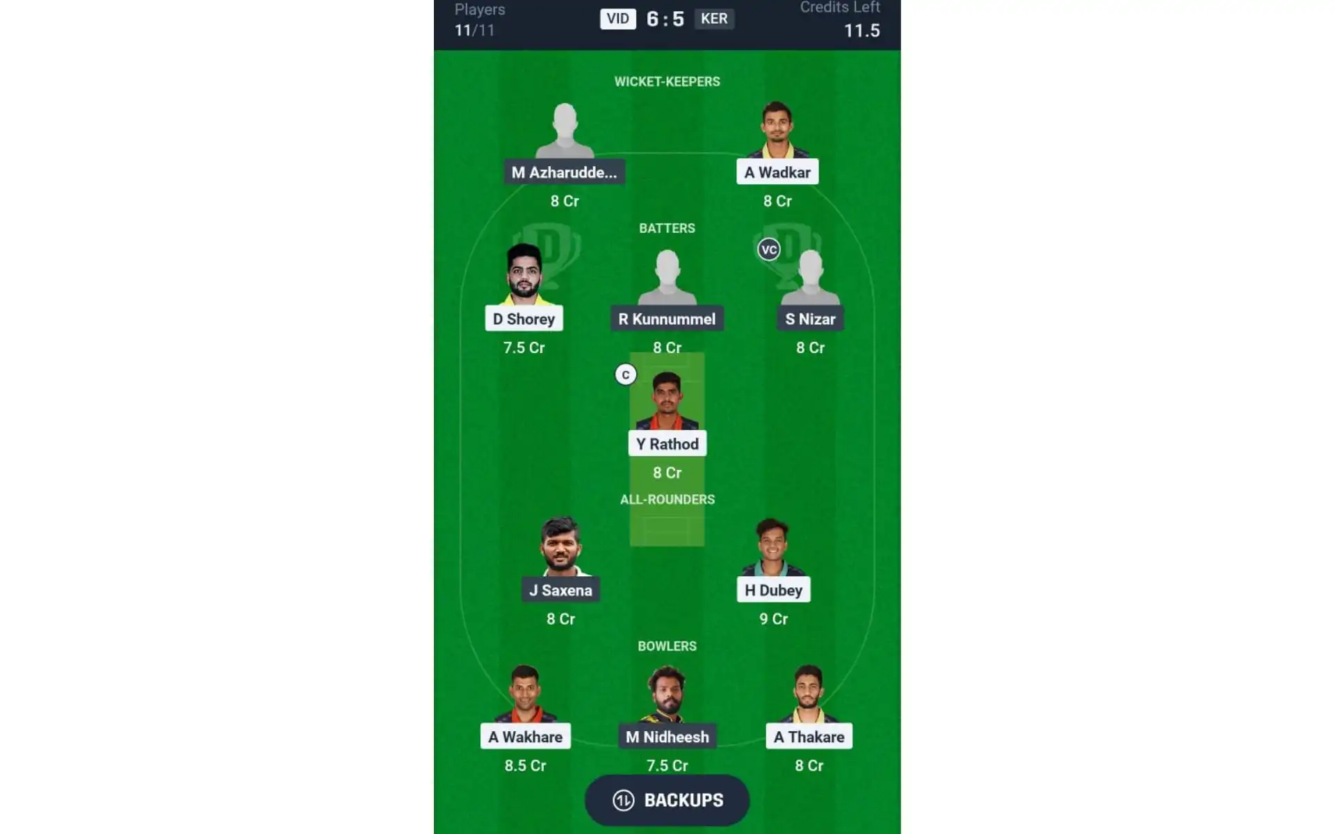 VID vs KER, Ranji Trophy Final: Dream11 Team 1 [Source: @Dream11 App]