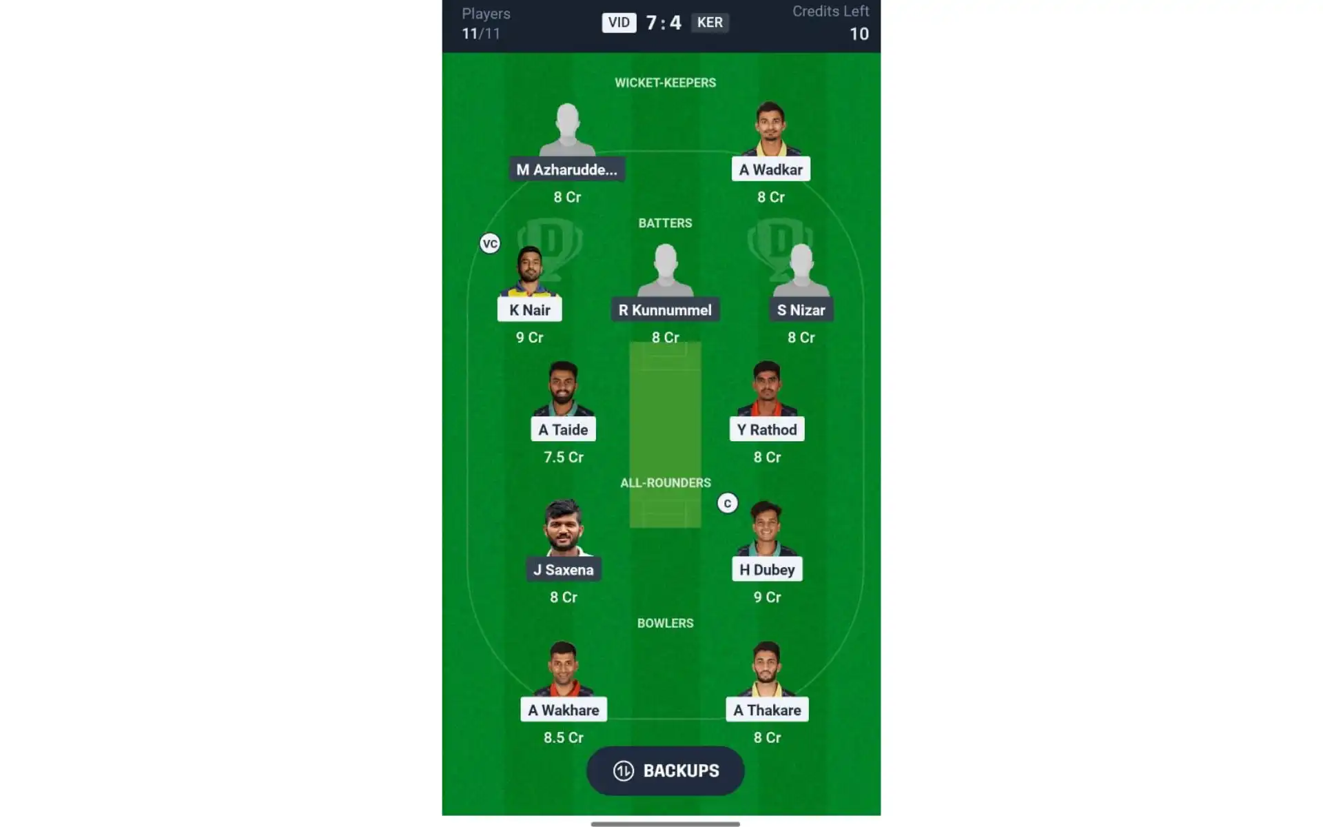 VID vs KER, Ranji Trophy Final: Dream11 Team 1 [Source: @Dream11 App]