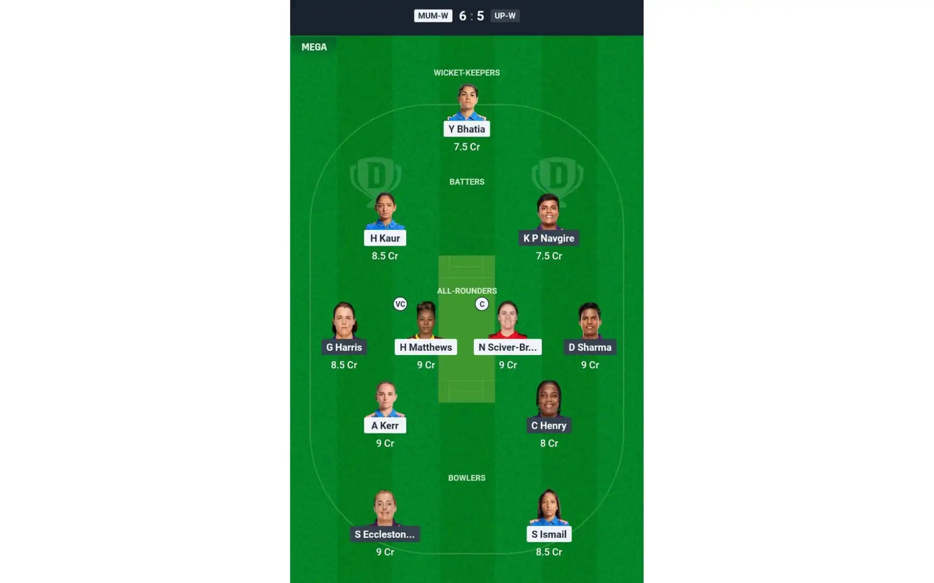 MUM-W vs UP-W, WPL 2025: Dream11 Team 2 [Source: @Dream11 App]