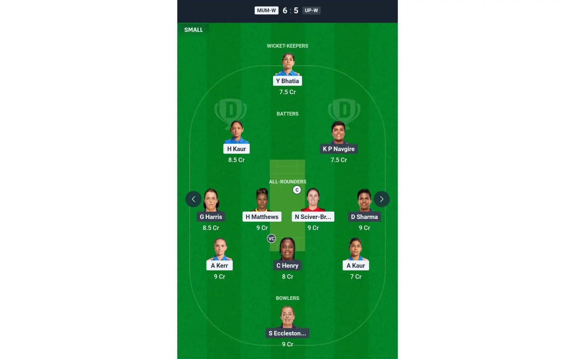 MUM-W vs UP-W, WPL 2025: Dream11 Team 1 [Source: @Dream11 App]