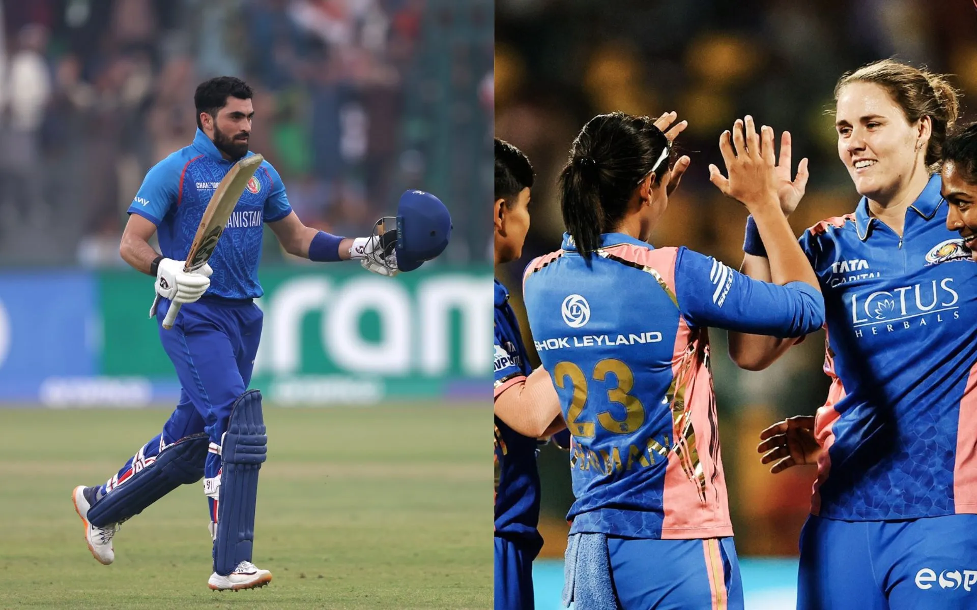 Ibrahim Zadran and Mumbai Indians players [Source: @ICC, @wplt20/x]