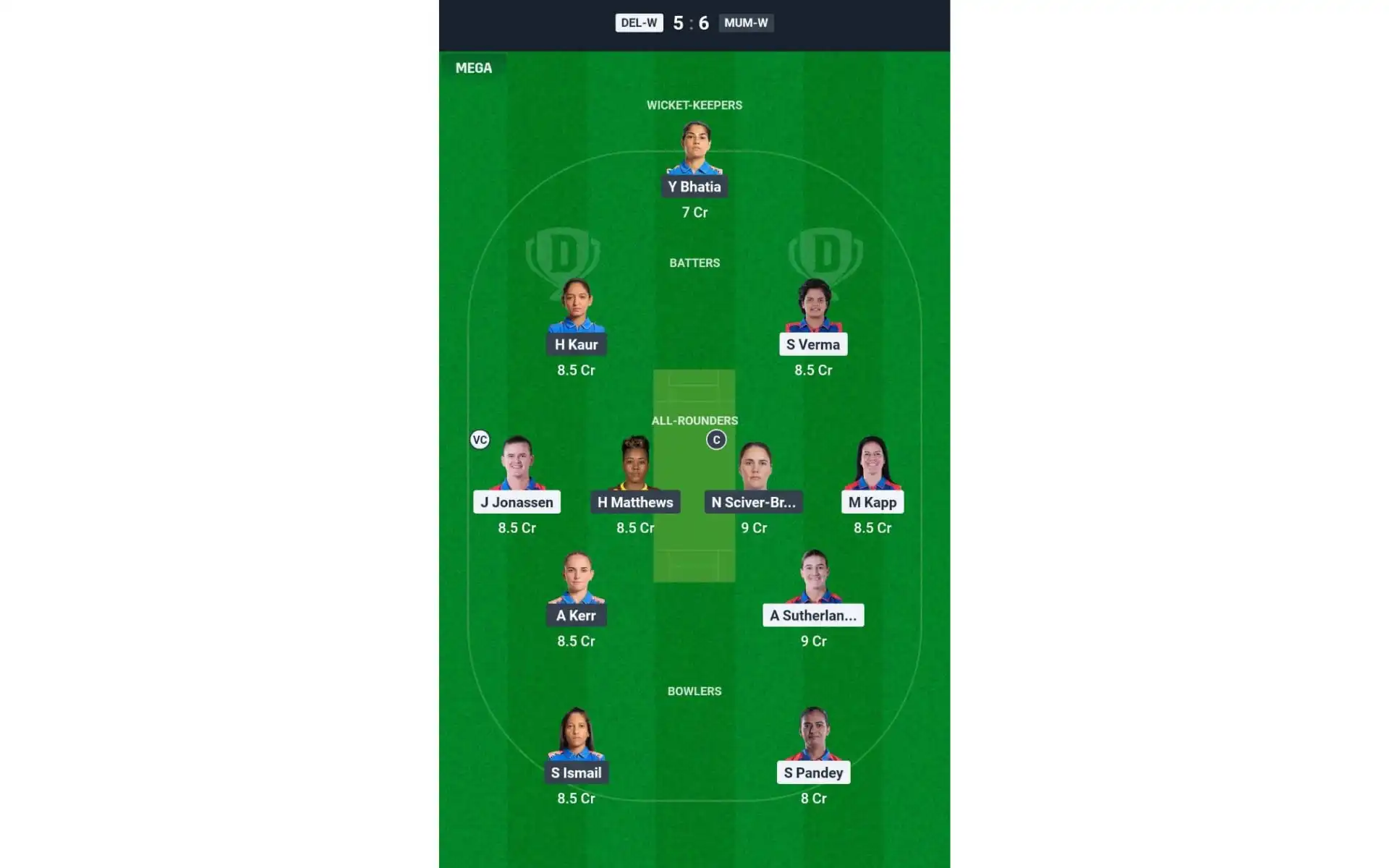 MUM-W vs DEL-W, WPL 2025: Dream11 Team 1 [Source: @Dream11 App]