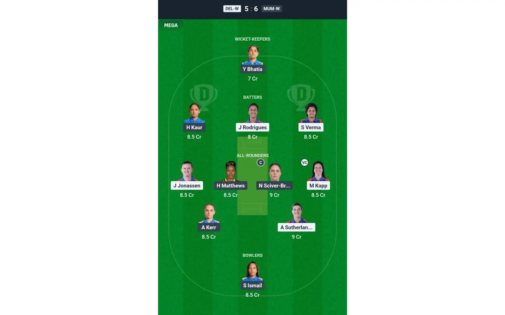 MUM-W vs DEL-W, WPL 2025: Dream11 Team 2 [Source: @Dream11 App]