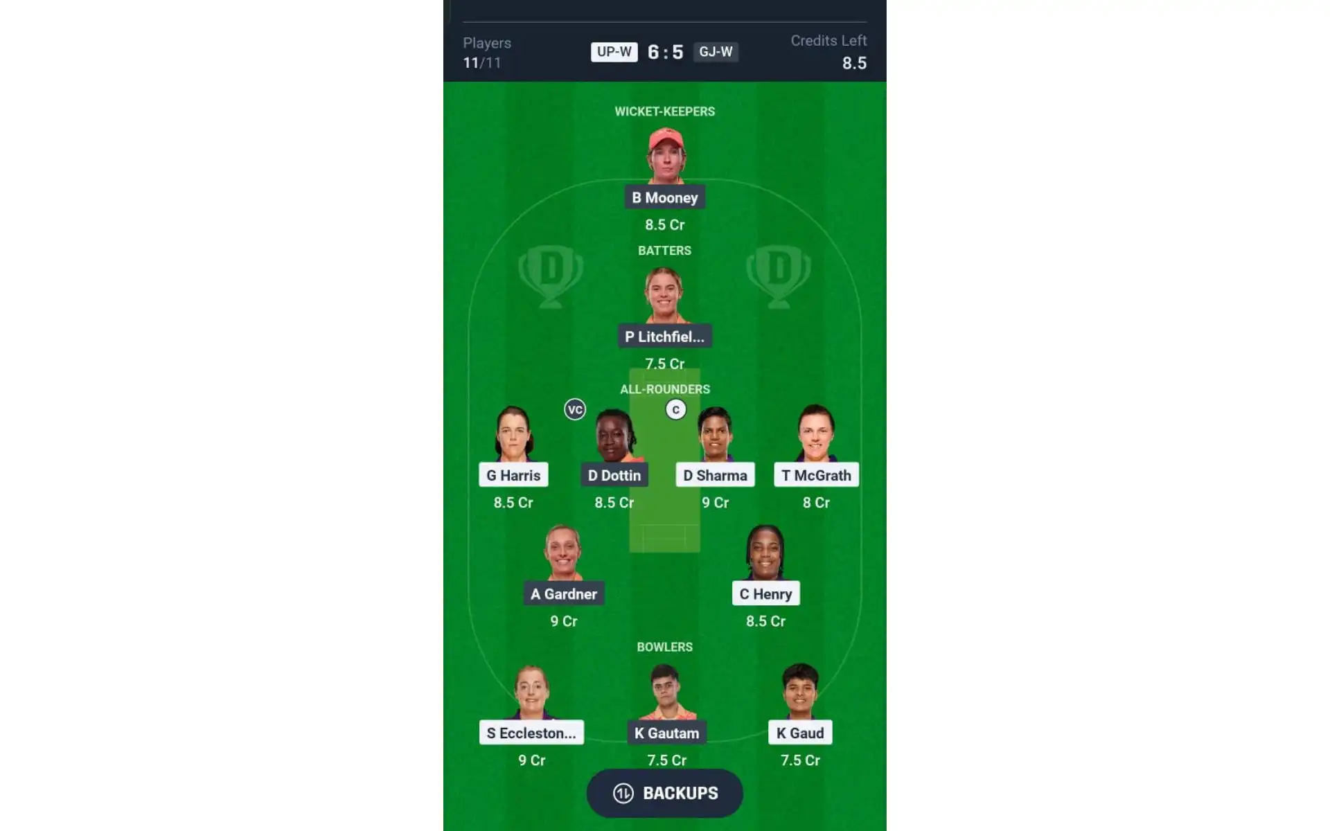 UP-W vs GJ-W, WPL 2025: Dream11 Team 1 [Source: @Dream11 App]