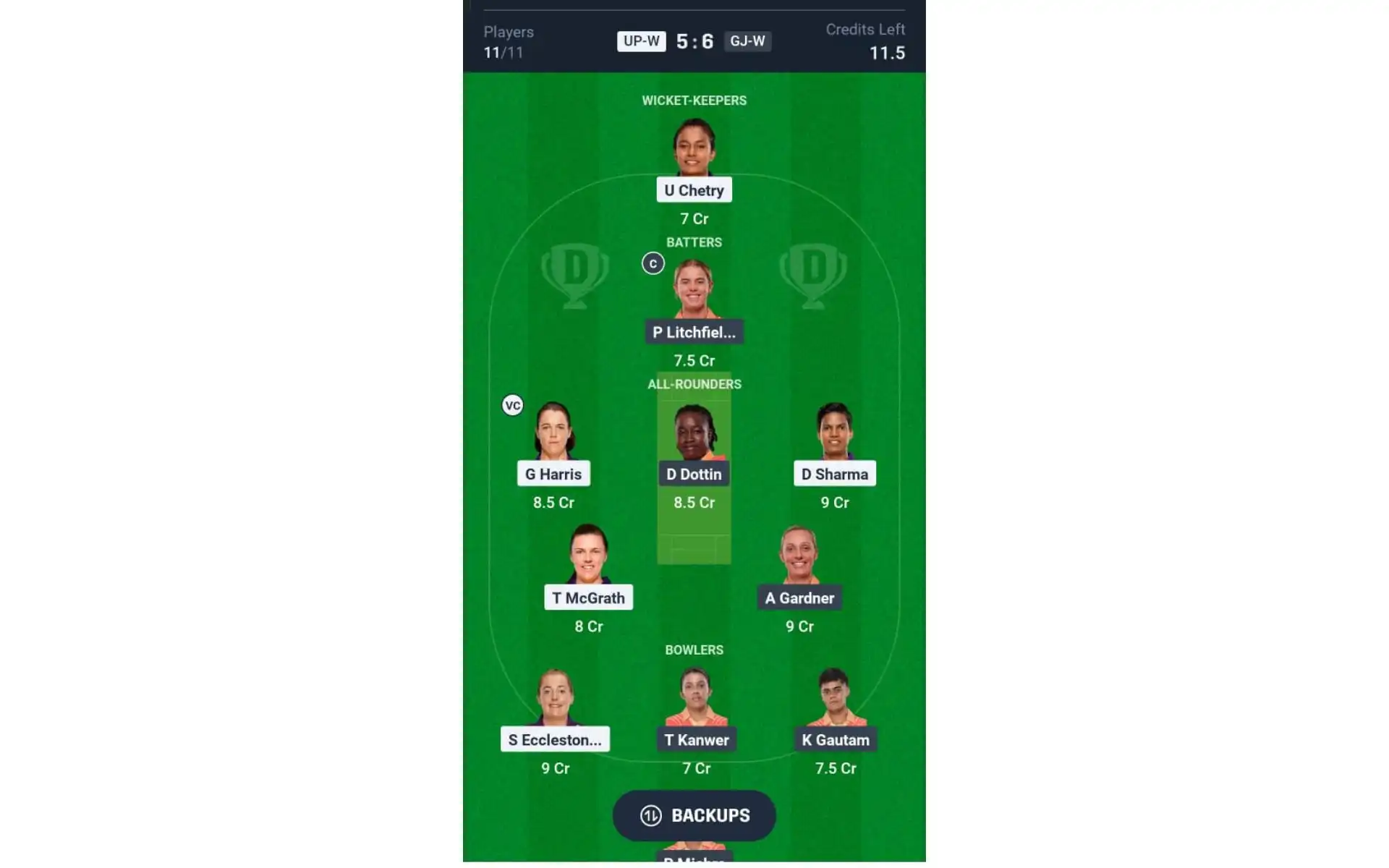 UP-W vs GJ-W, WPL 2025: Dream11 Team 2 [Source: @Dream11 App]