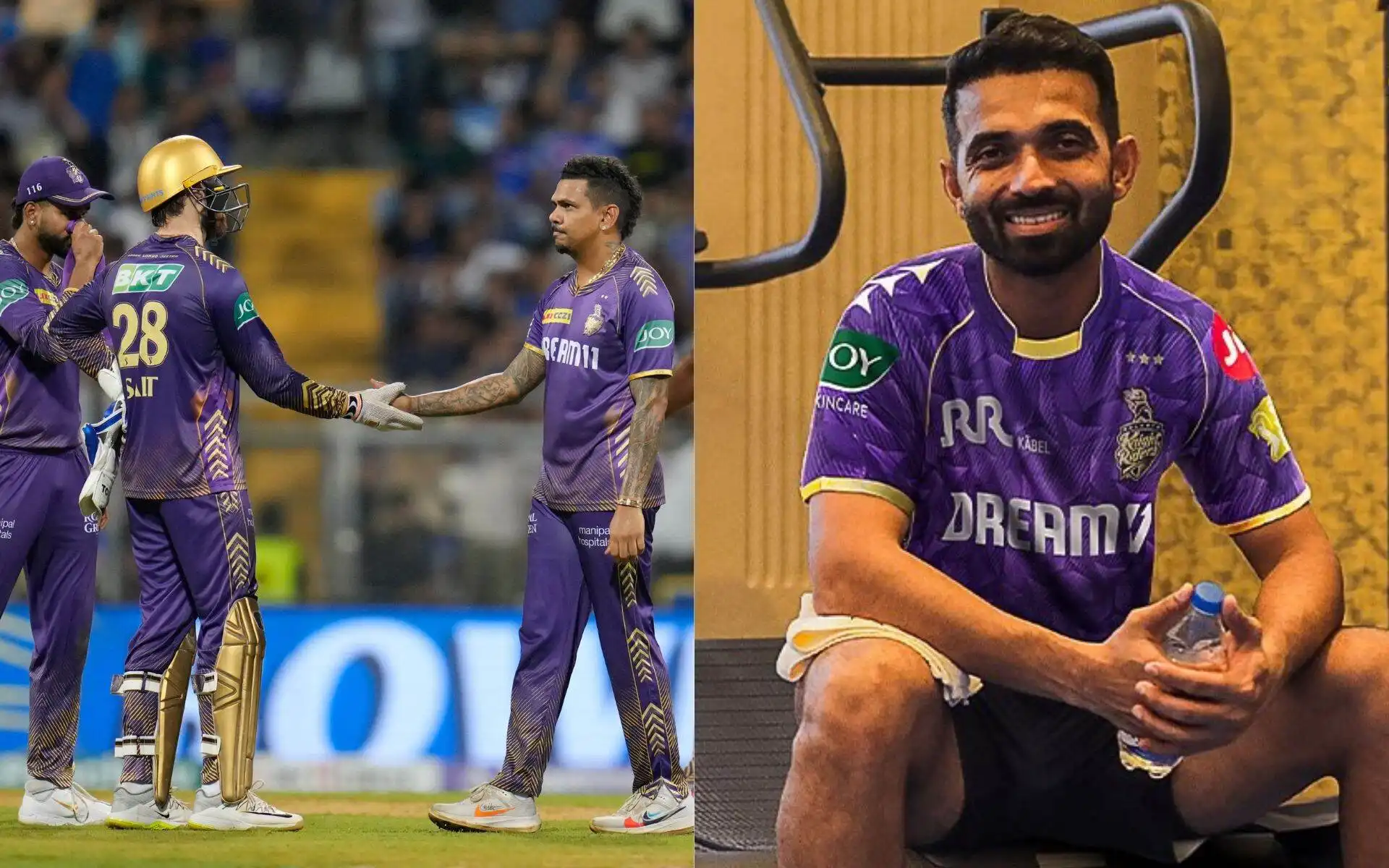 KKR players and Ajinkya Rahane [Source: @IPL, @KKRiders/x]