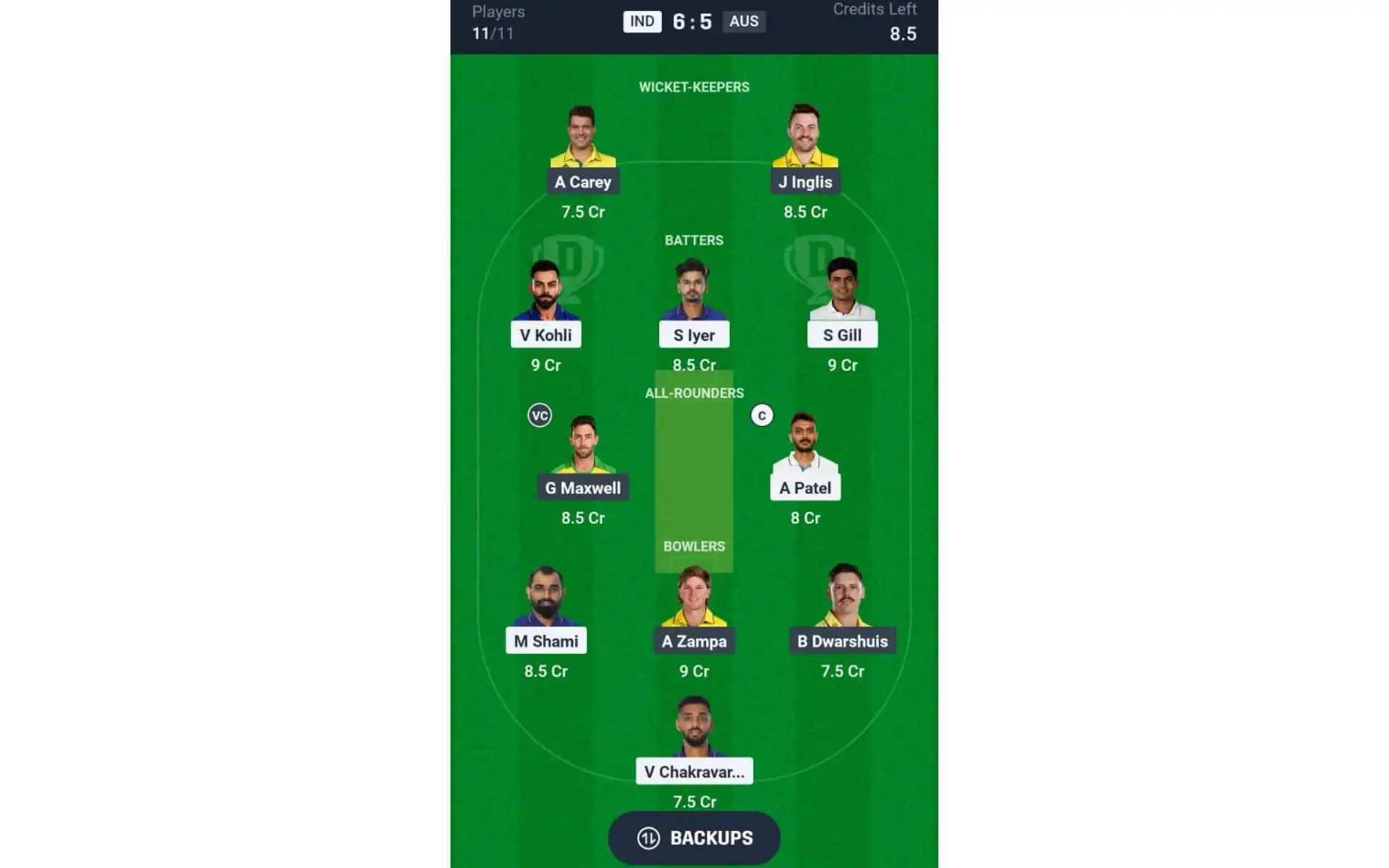 IND vs AUS, Dream11 Team 1 [Source: Dream11 App]