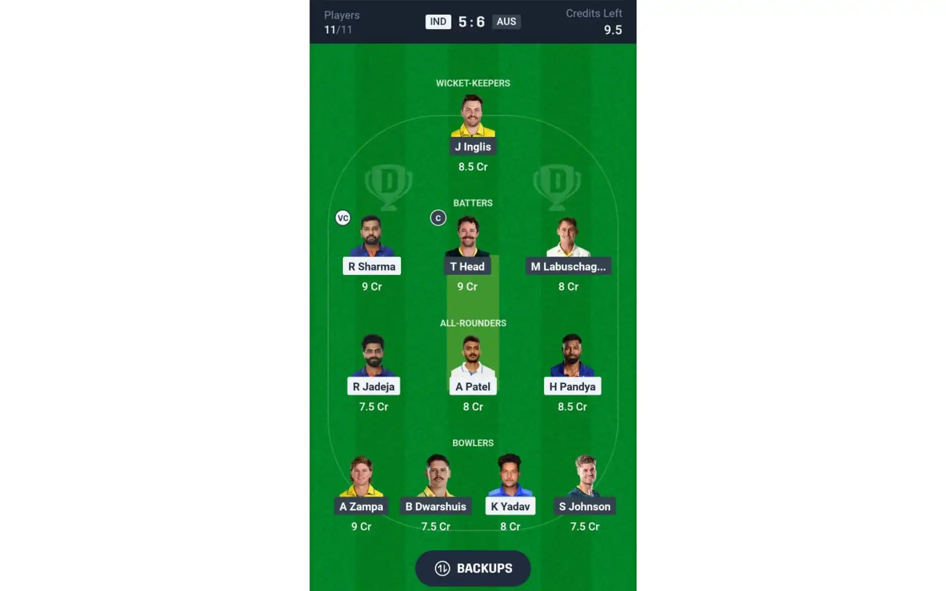 IND vs AUS, Dream11 Team 2 [Source: Dream11 App]