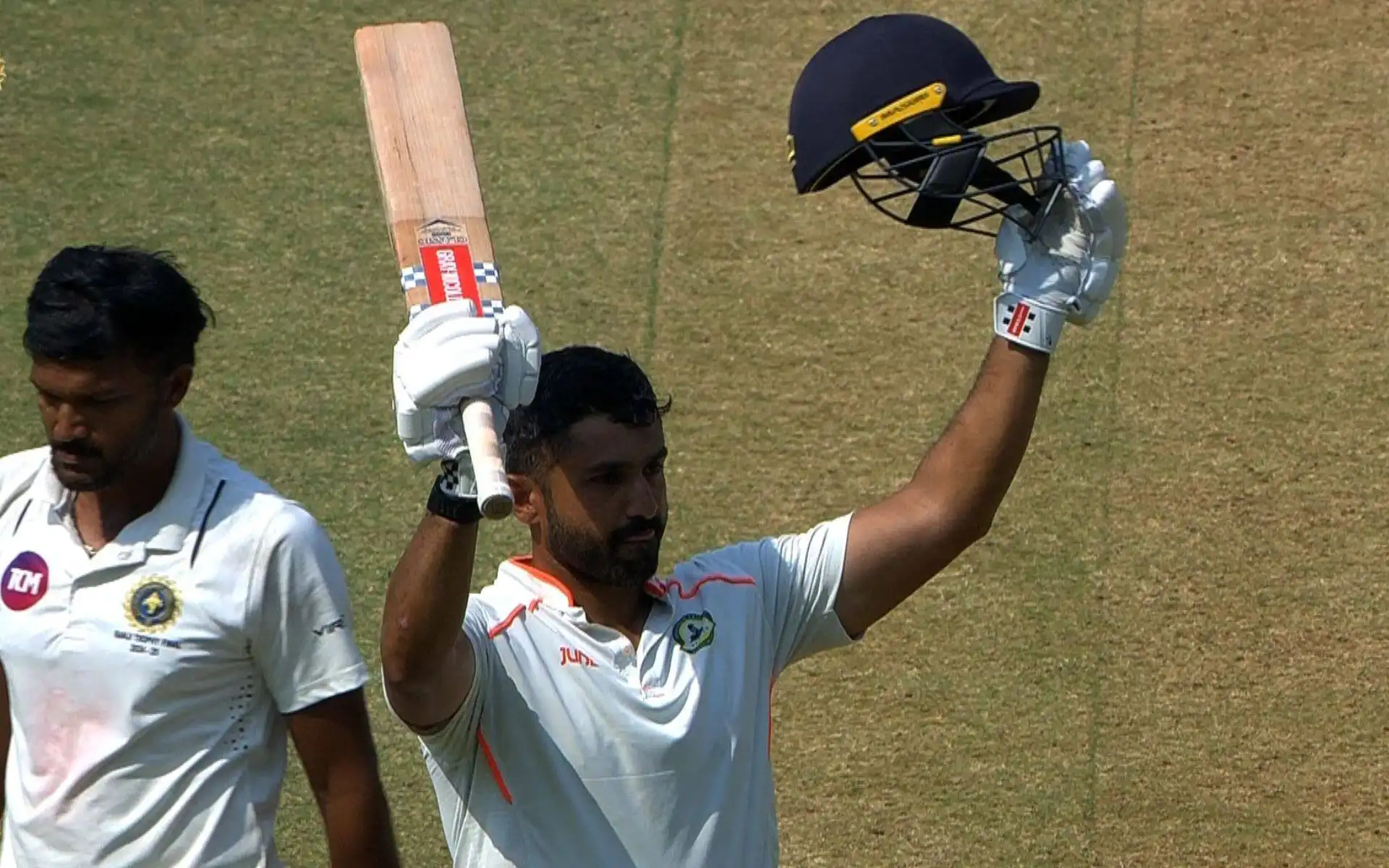Karun Nair celebrates a century in the final. [Source: @BCCIDomestic/X]