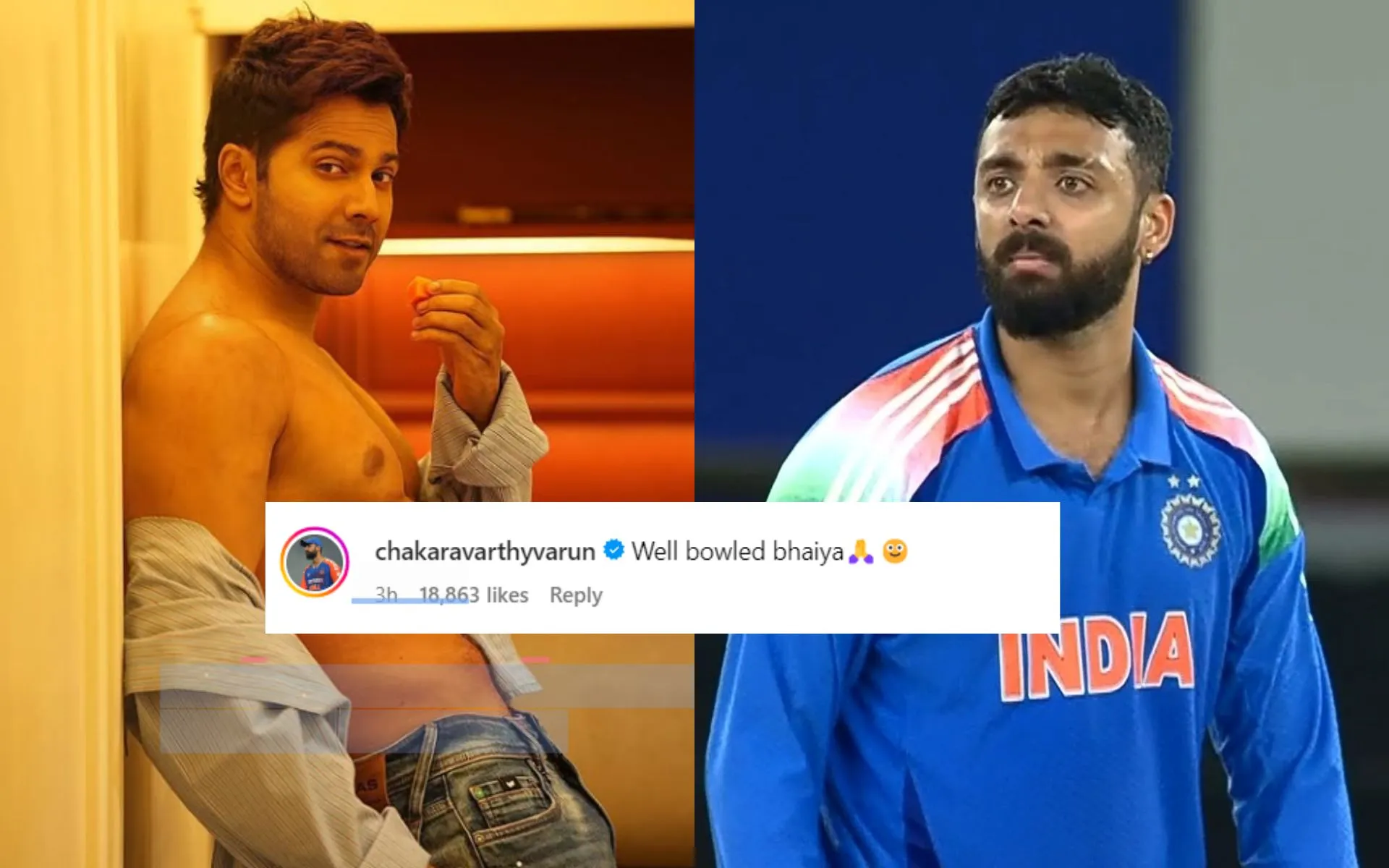 Varun Chakravarthy took a dig at Varun Dhawan [Source: @varundvn/instagram.com, @BABER_DAR02/x.com]