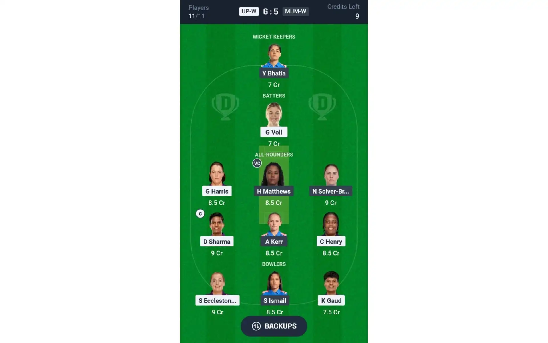 UP-W vs MUM-W, WPL 2025: Dream11 Team 1 [Source: @Dream11 App]