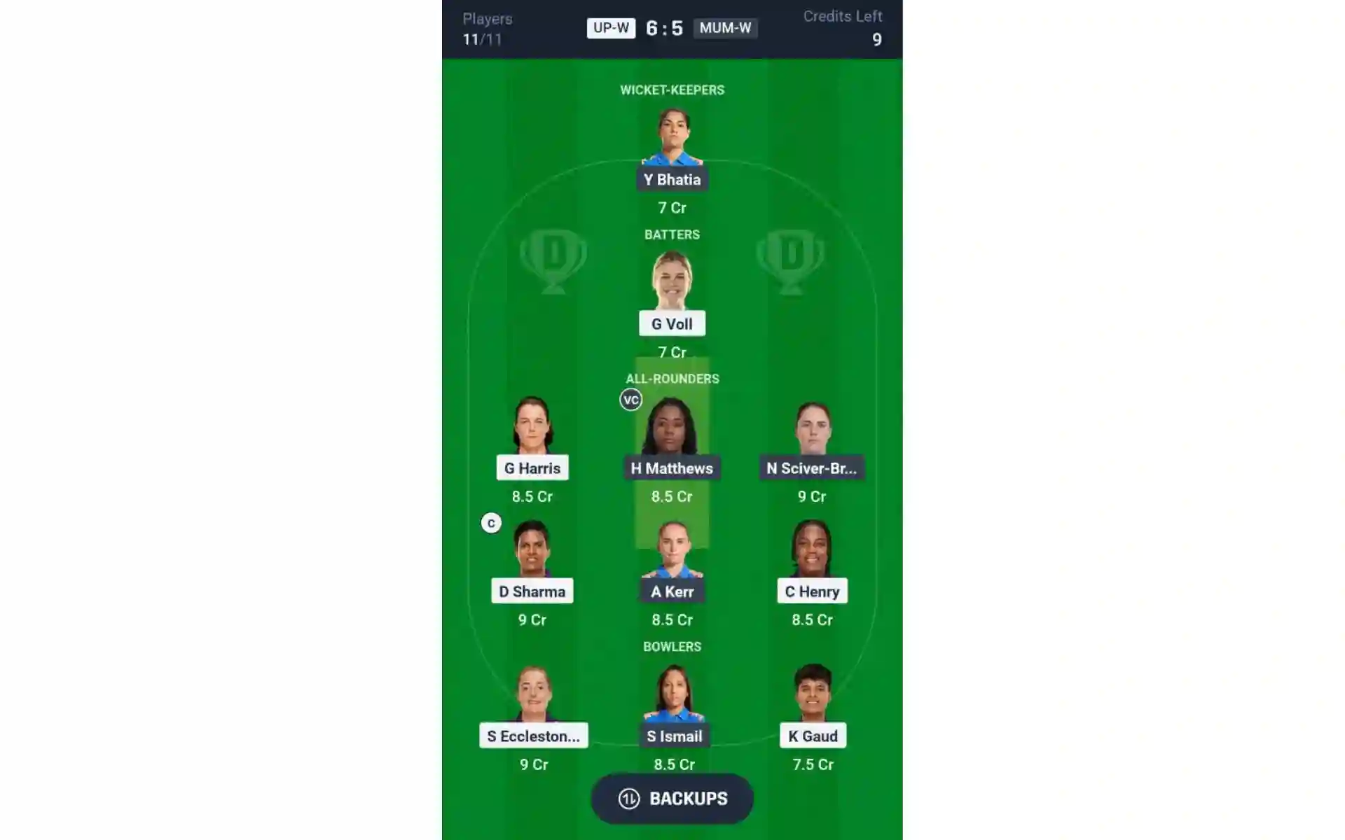 UP-W vs MUM-W, WPL 2025: Dream11 Team 1 [Source: @Dream11 App]