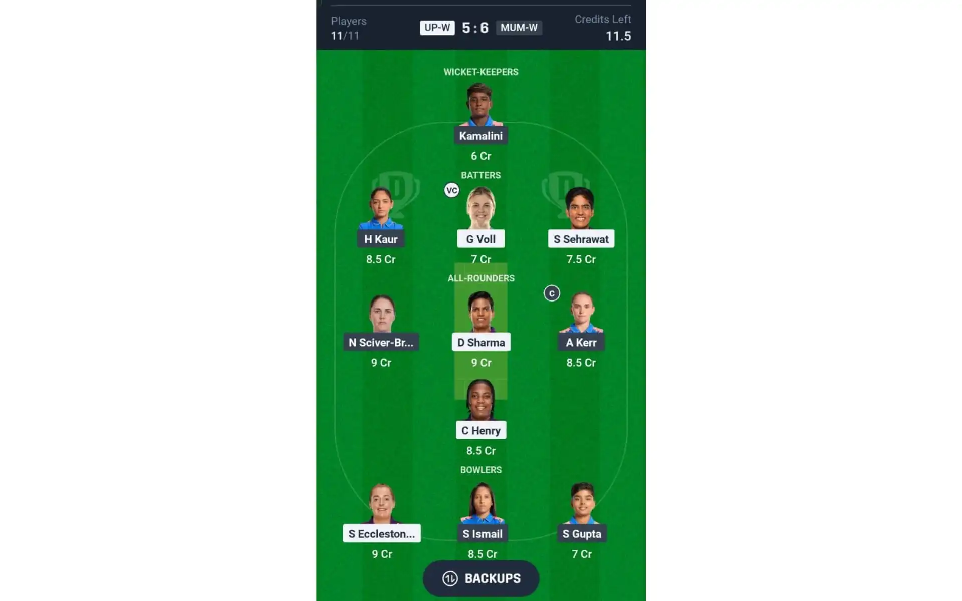 UP-W vs MUM-W, WPL 2025: Dream11 Team 2 [Source: @Dream11 App]