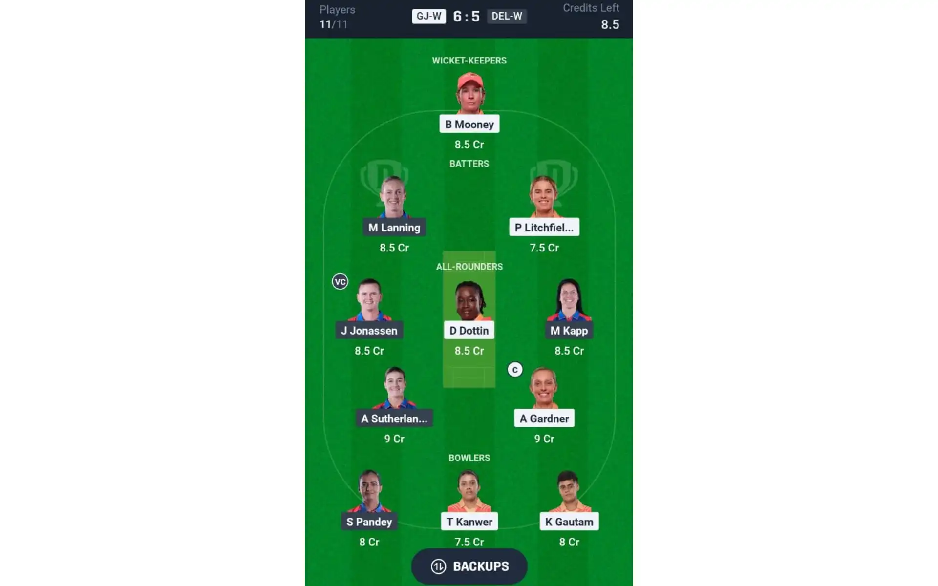 GJ-W vs DEL-W, WPL 2025: Dream11 Team 1 [Source: @Dream11 App]