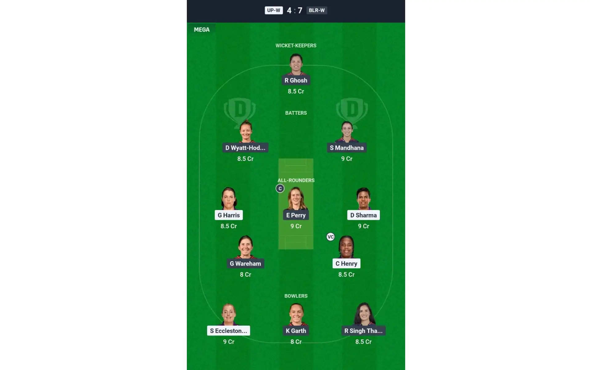 UP-W vs BLR-W, WPL 2025: Dream11 Team 1 [Source: @Dream11 App]