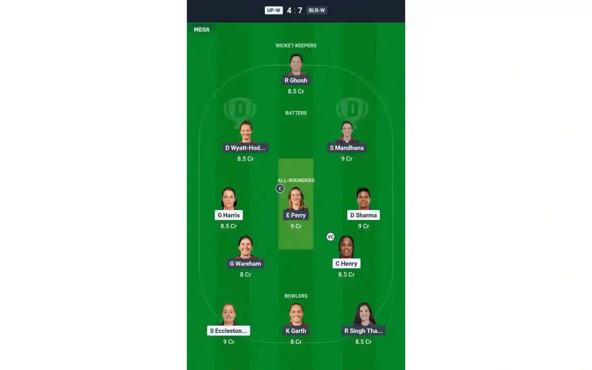 UP-W vs BLR-W, WPL 2025: Dream11 Team 1 [Source: @Dream11 App]