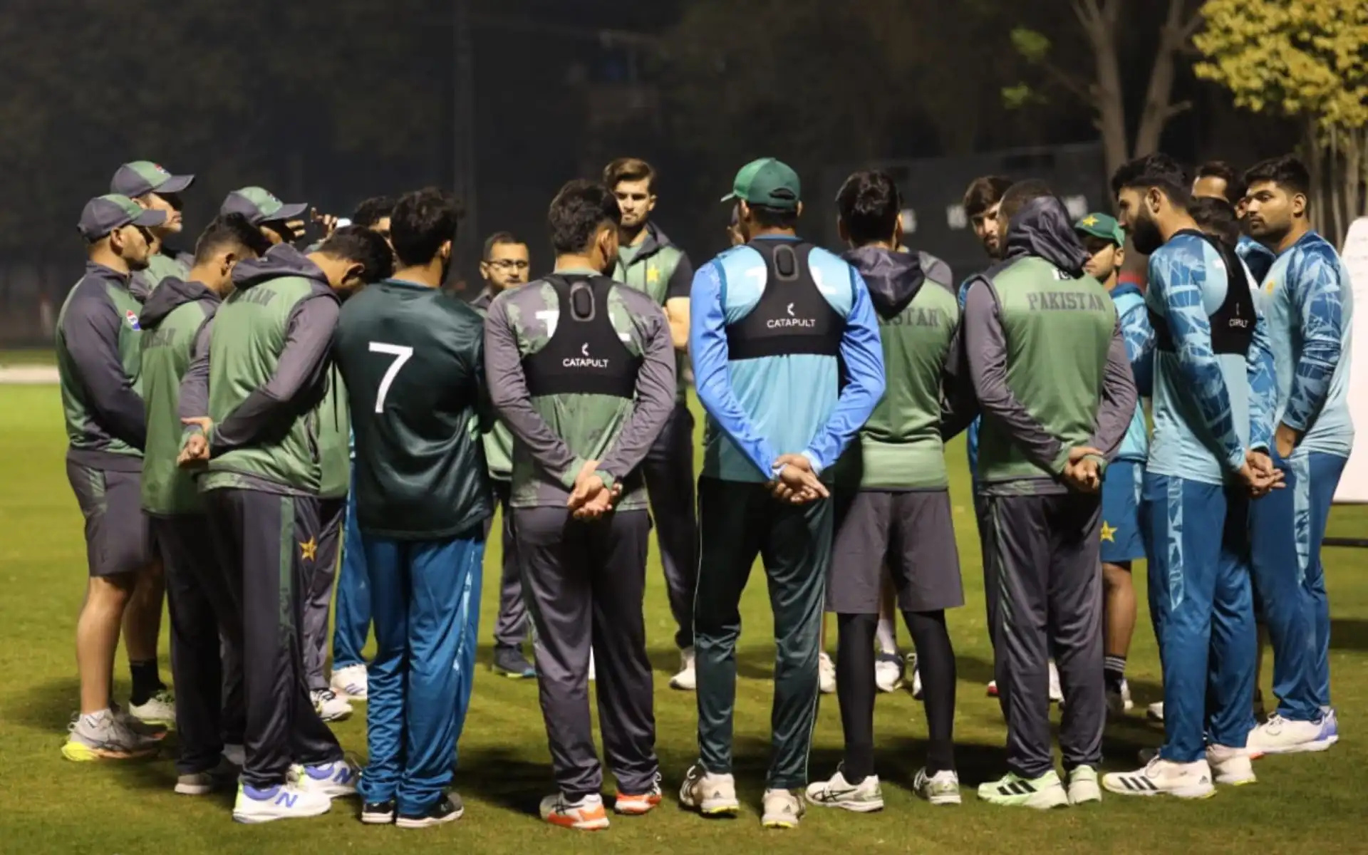Pakistan players in a huddle [Source: @TheRealPCB/X]